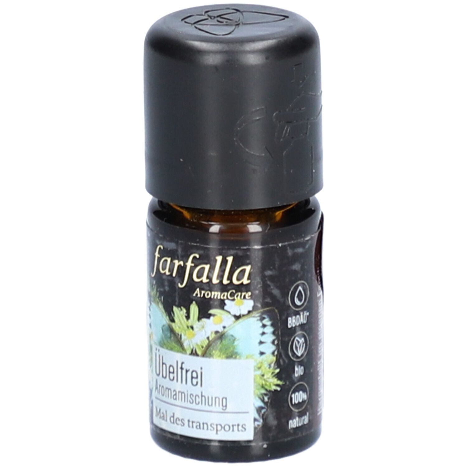Braune Glasflasche mit schwarzem Deckel. Aufschrift: farfalla AromaCare, Übelfrei Aromamischung, Mal des transports. Bio-Siegel.