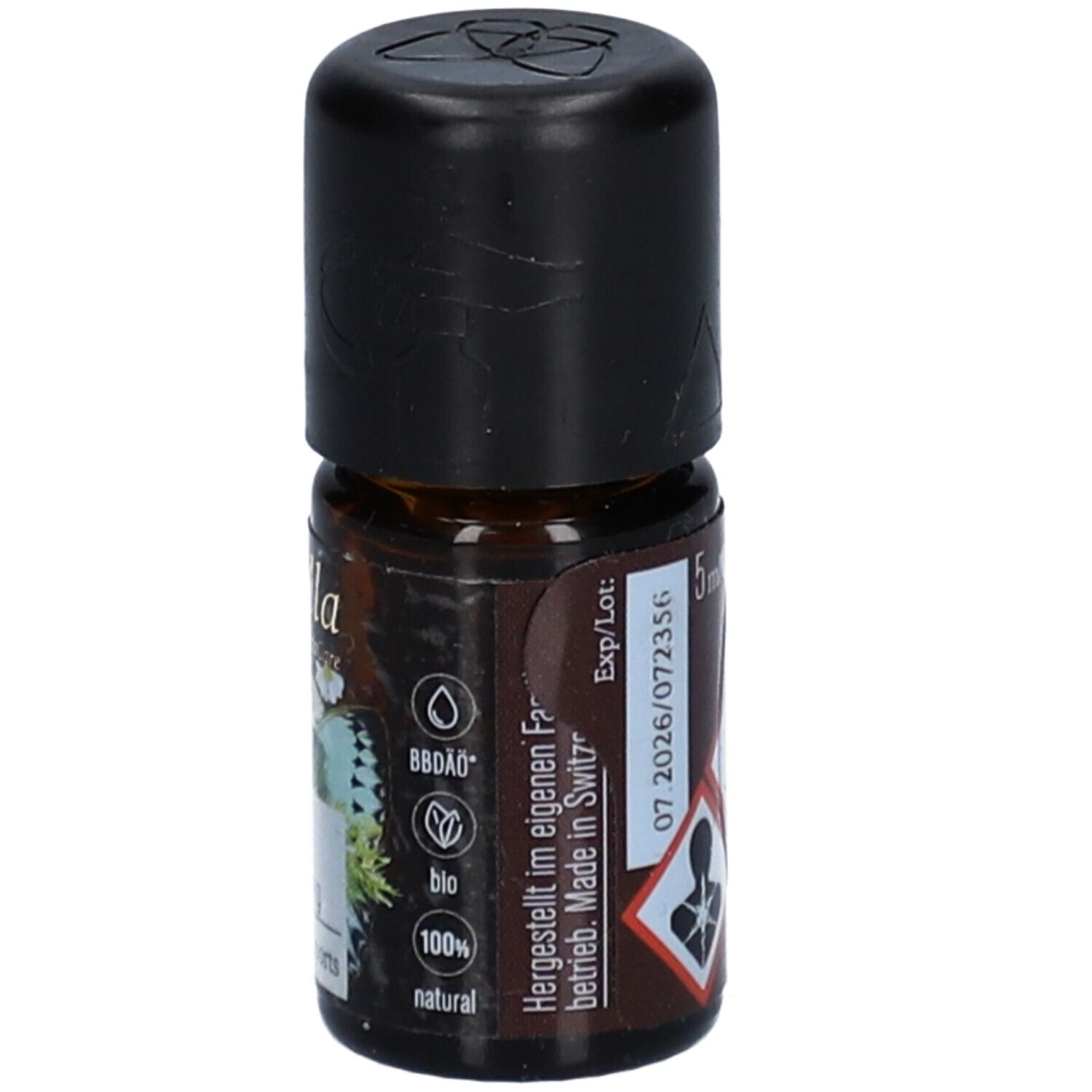 Braune Glasflasche mit schwarzem Deckel. Aufschrift: 5 ml, Mindesthaltbarkeitsdatum: 07 2026. Hergestellt in der Schweiz.