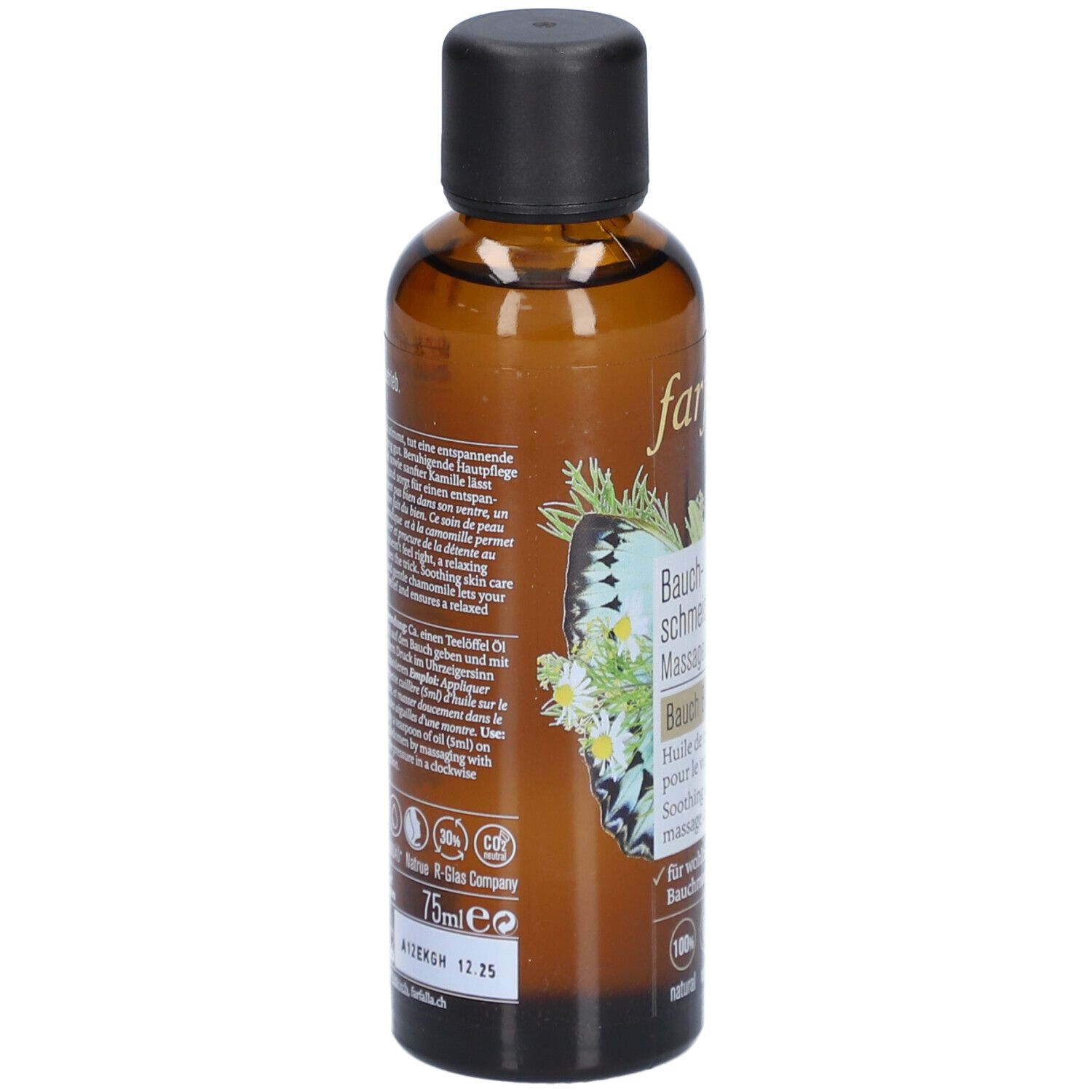 Braune Flasche mit schwarzem Deckel. Aufschrift: farfalla, Bauchschmeichler Massageöl. Etikett mit Inhaltsangaben und Logo.