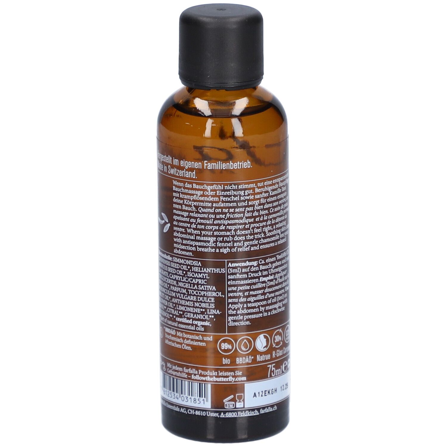 Braune Flasche mit schwarzem Deckel. Rückseite mit Text, Inhaltsstoffen und Logos. Aufschrift: Bio, vegan, 75ml.