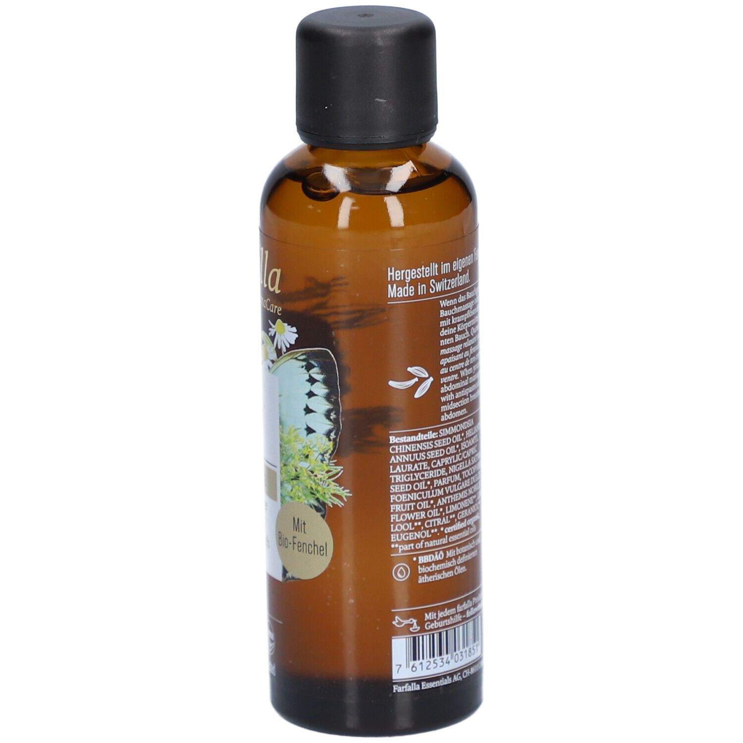 Braune Flasche mit schwarzem Deckel. Rückseite mit Text, Inhaltsstoffen und Logos. Aufschrift: Mit Bio-Fenchel, hergestellt in der Schweiz.