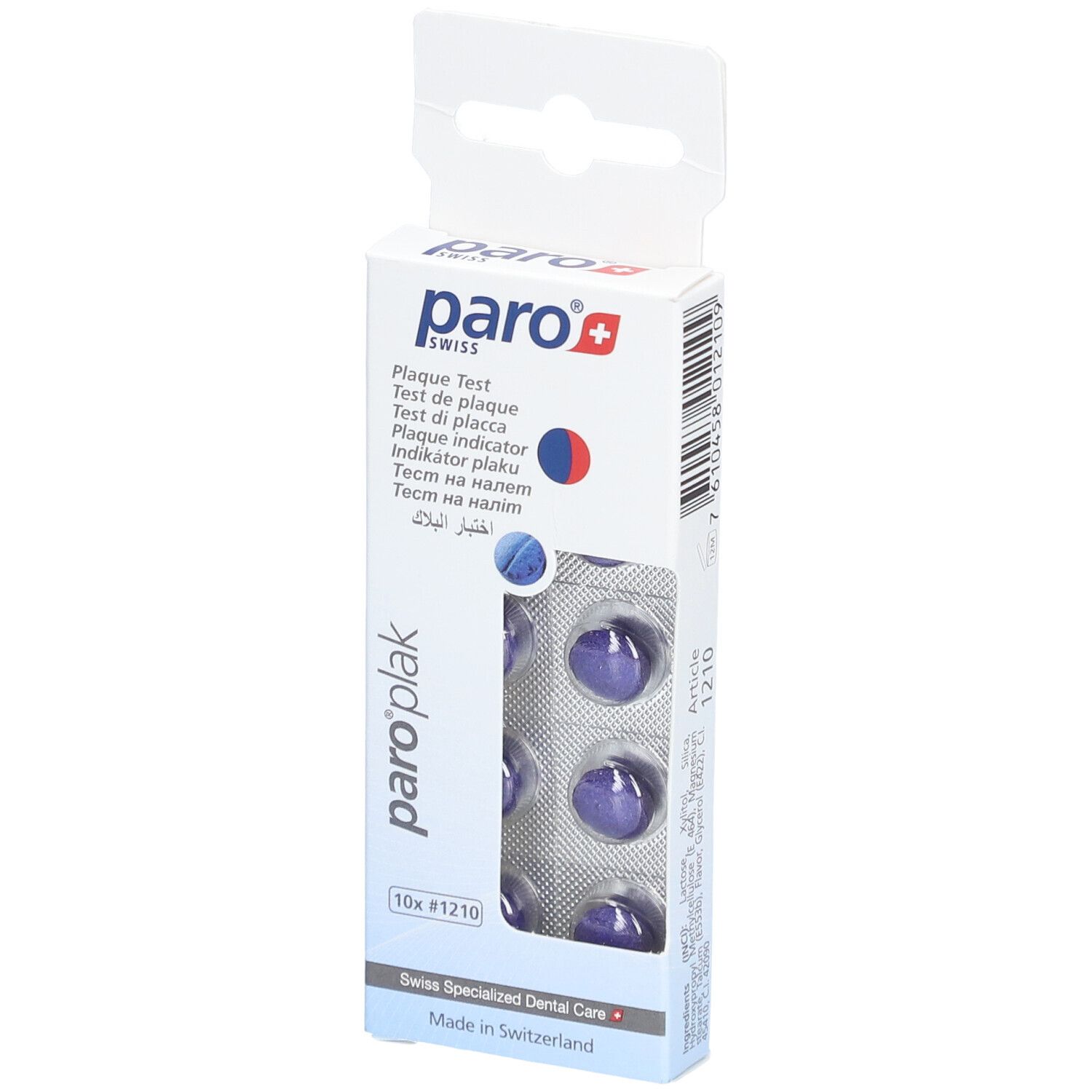Verpackung mit paro® Plaque Test Tabletten. Sichtbar sind Tabletten in Blisterpackung. Aufdrucke: paro®, Plaque Test, 10x #1210.