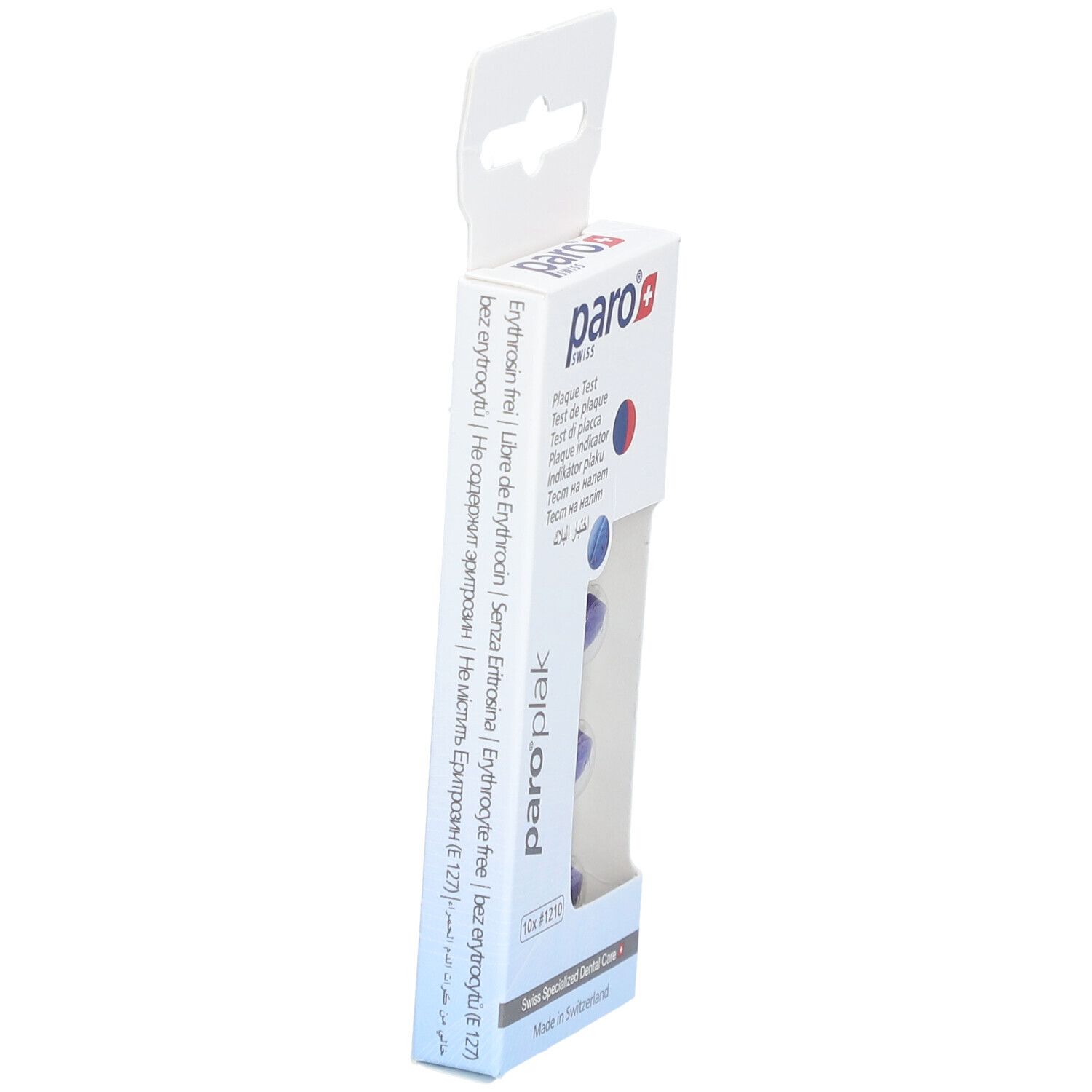 Seitenansicht der Verpackung mit paro® Plaque Test. Text: paro®, Plaque Test, Inhaltsstoffe, Chargennummer, Herstellerinformationen.