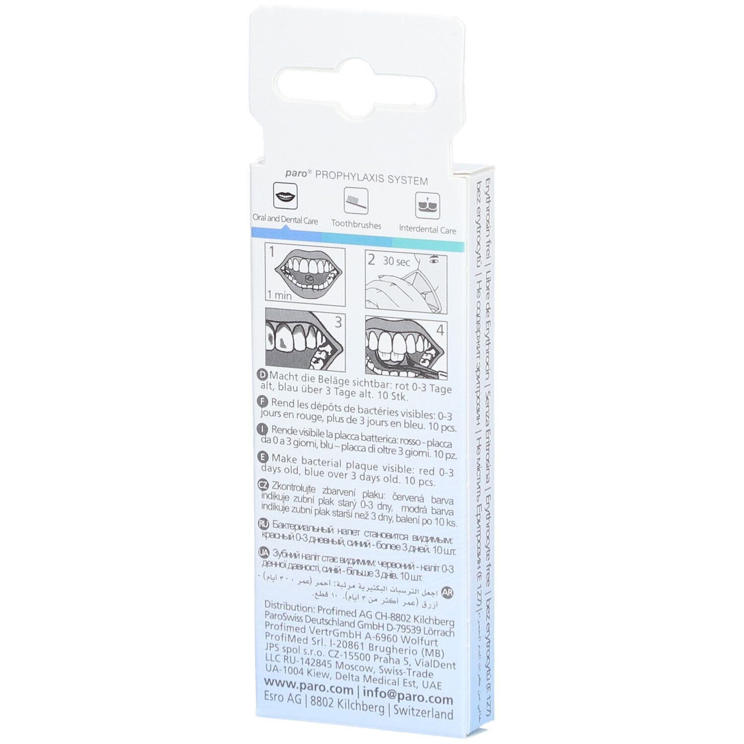 Rückseite der Verpackung mit paro® Plaque Test. Grafische Anweisungen zur Anwendung. Text: paro®, Prophylaxis System, Herstellerinformationen.