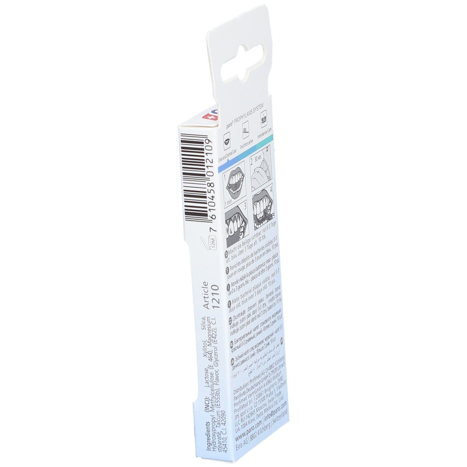 Seitenansicht der Verpackung mit paro® Plaque Test. Barcode, Grafiken, Text: paro®, Prophylaxis System, Herstellerinformationen.