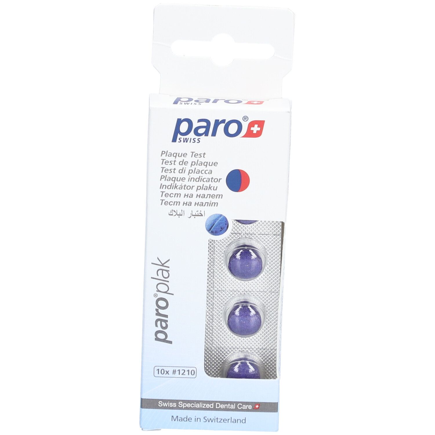 Verpackung mit paro® Plaque Test Tabletten. Sichtbar sind Tabletten in Blisterpackung. Aufdrucke: paro®, Plaque Test, 10x #1210.