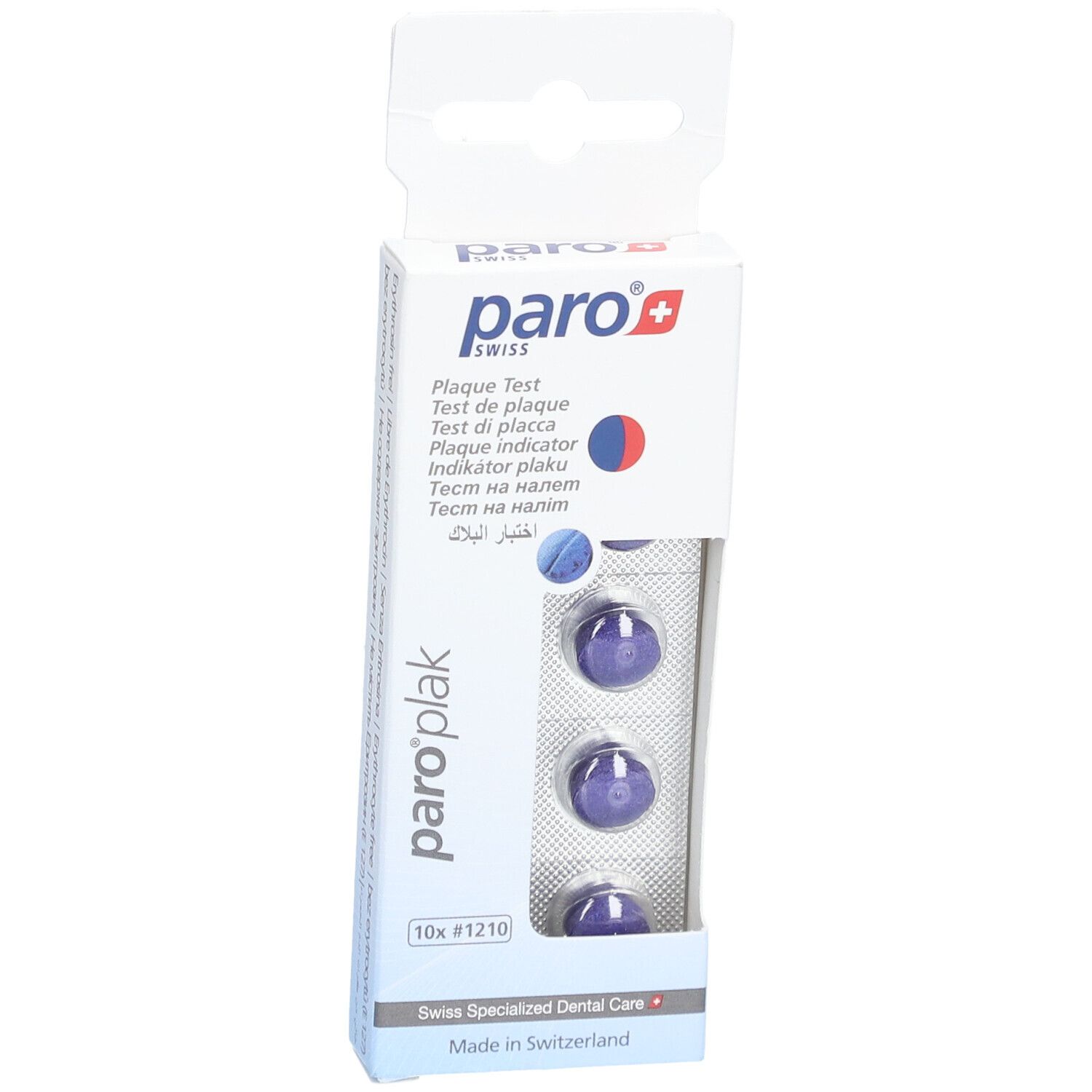 Verpackung mit paro® Plaque Test Tabletten. Sichtbar sind Tabletten in Blisterpackung. Aufdrucke: paro®, Plaque Test, 10x #1210.