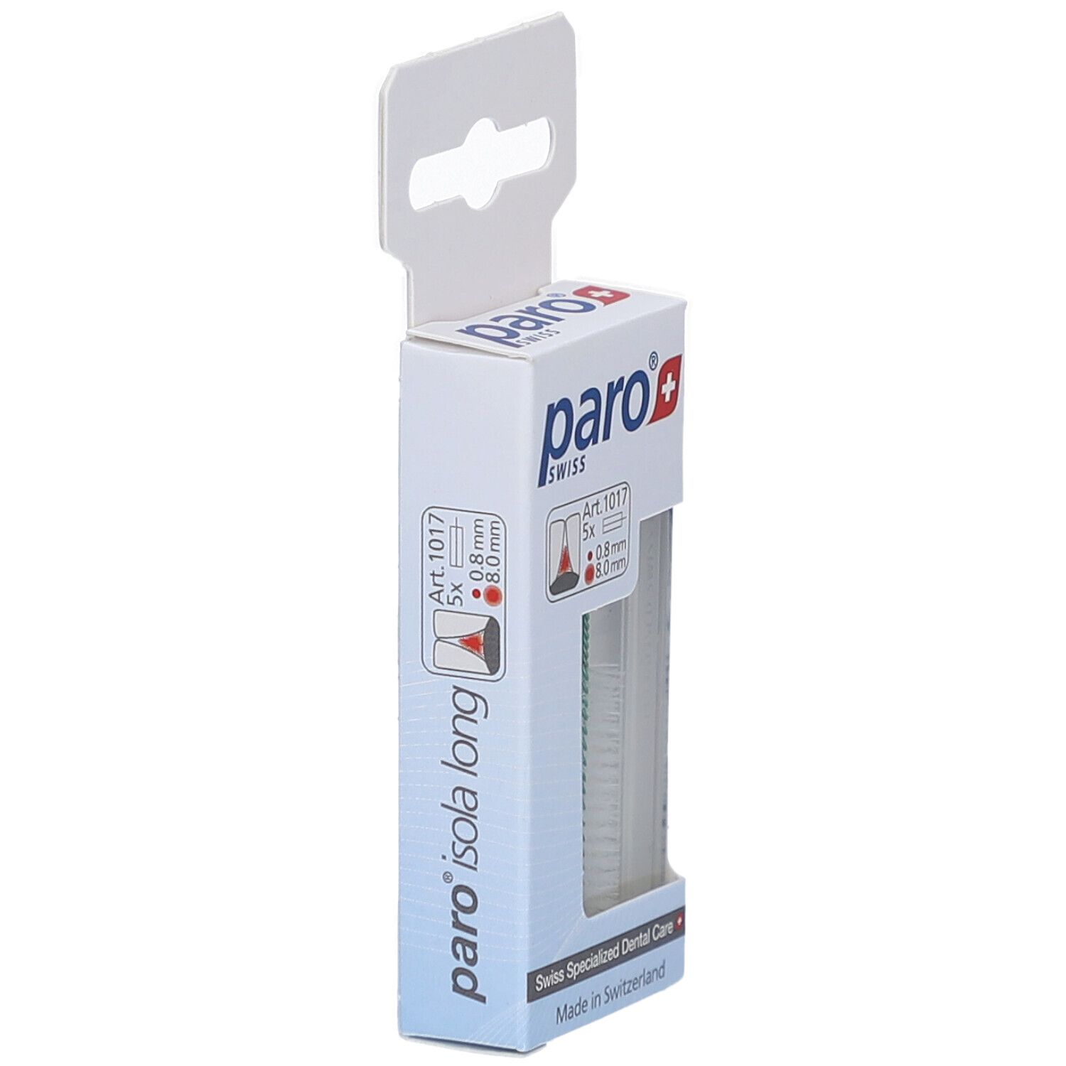 Seitenansicht der Verpackung von paro® isola long. Enthält 5 Stück. 0,8 mm Durchmesser, 8,0 mm lang. Made in Switzerland.