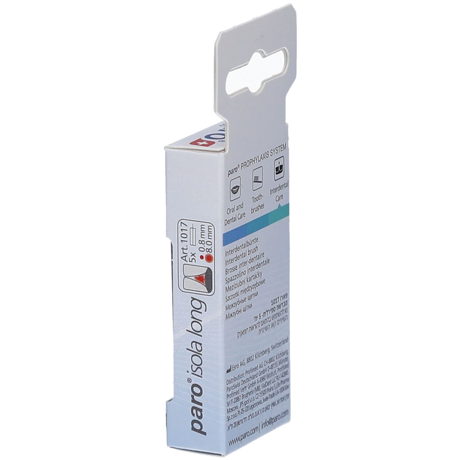 Seitenansicht der Verpackung von paro® isola long. Enthält 5 Stück. 0,8 mm Durchmesser, 8,0 mm lang. Made in Switzerland.
