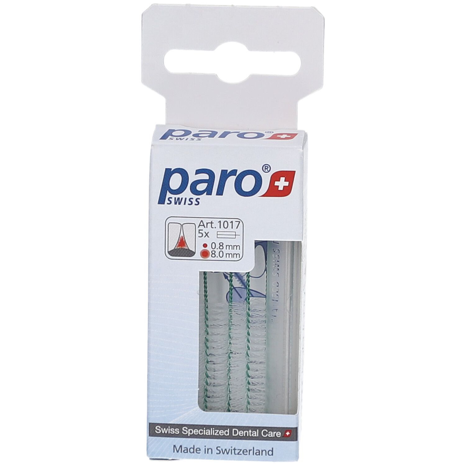 Verpackung von paro® isola long. Enthält 5 Stück. 0,8 mm Durchmesser, 8,0 mm lang. Schweizer Spezialzahnpflege.