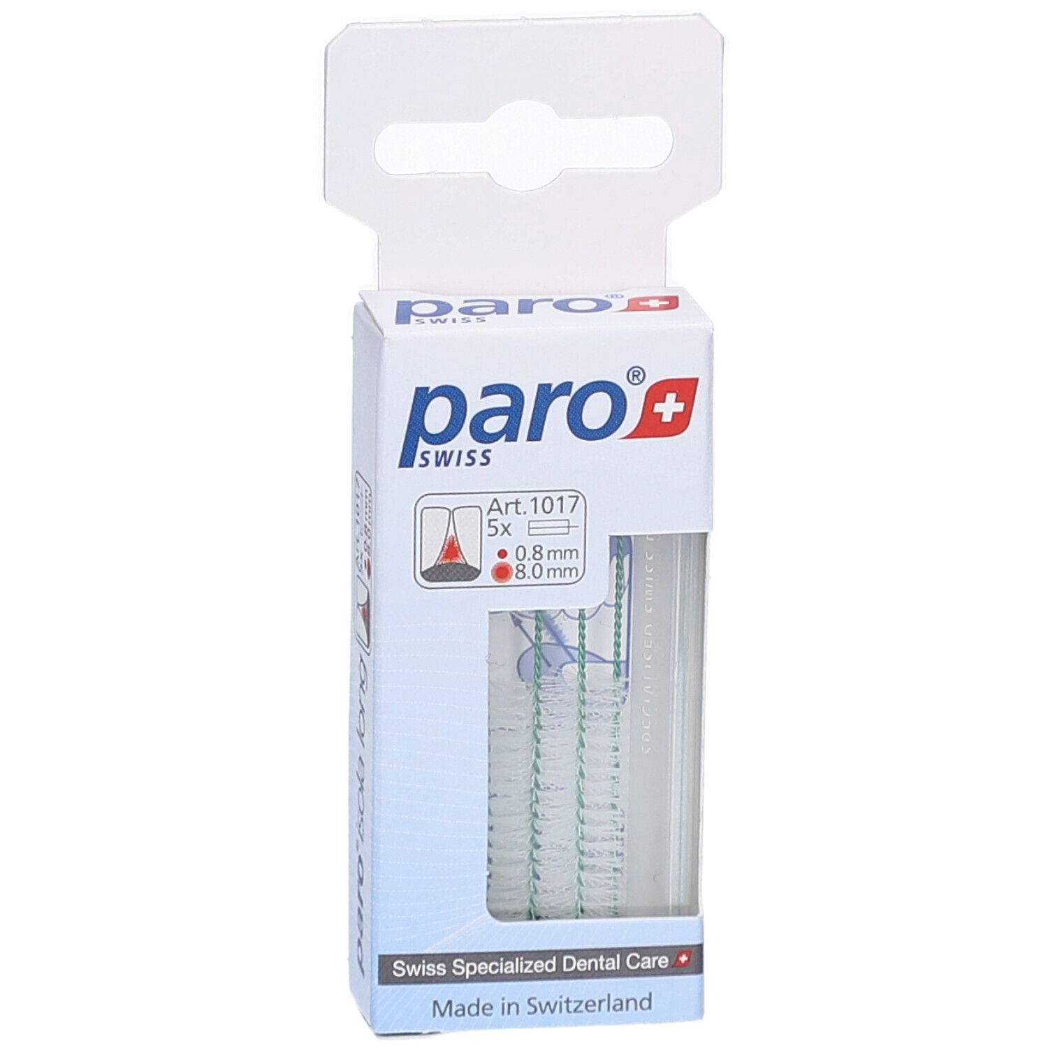 Verpackung von paro® isola long. Enthält 5 Stück. 0,8 mm Durchmesser, 8,0 mm lang. Schweizer Spezialzahnpflege.