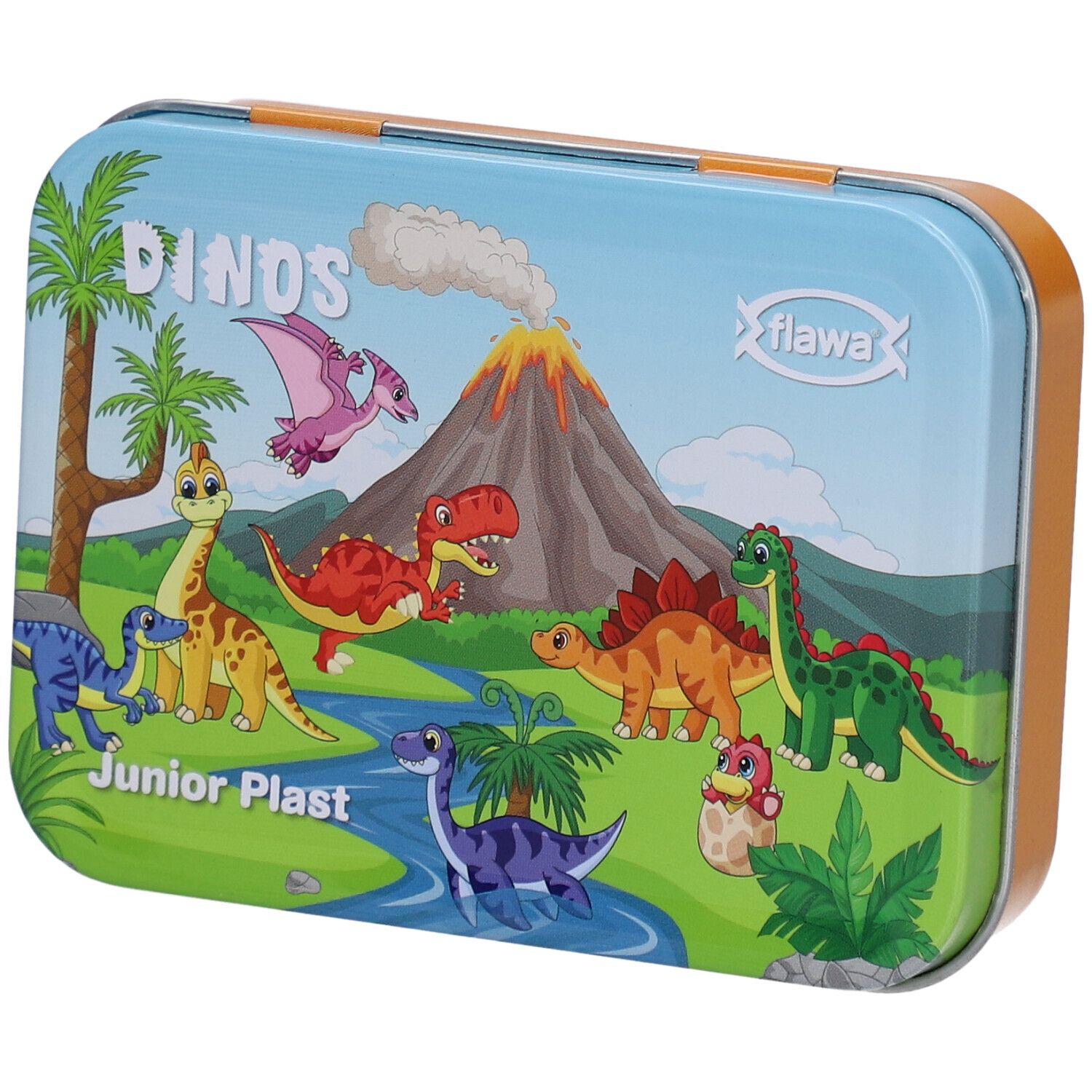 Boîte métallique avec motifs de dinosaures. Inscription : Junior Plast, flawa. Forme rectangulaire aux coins arrondis.