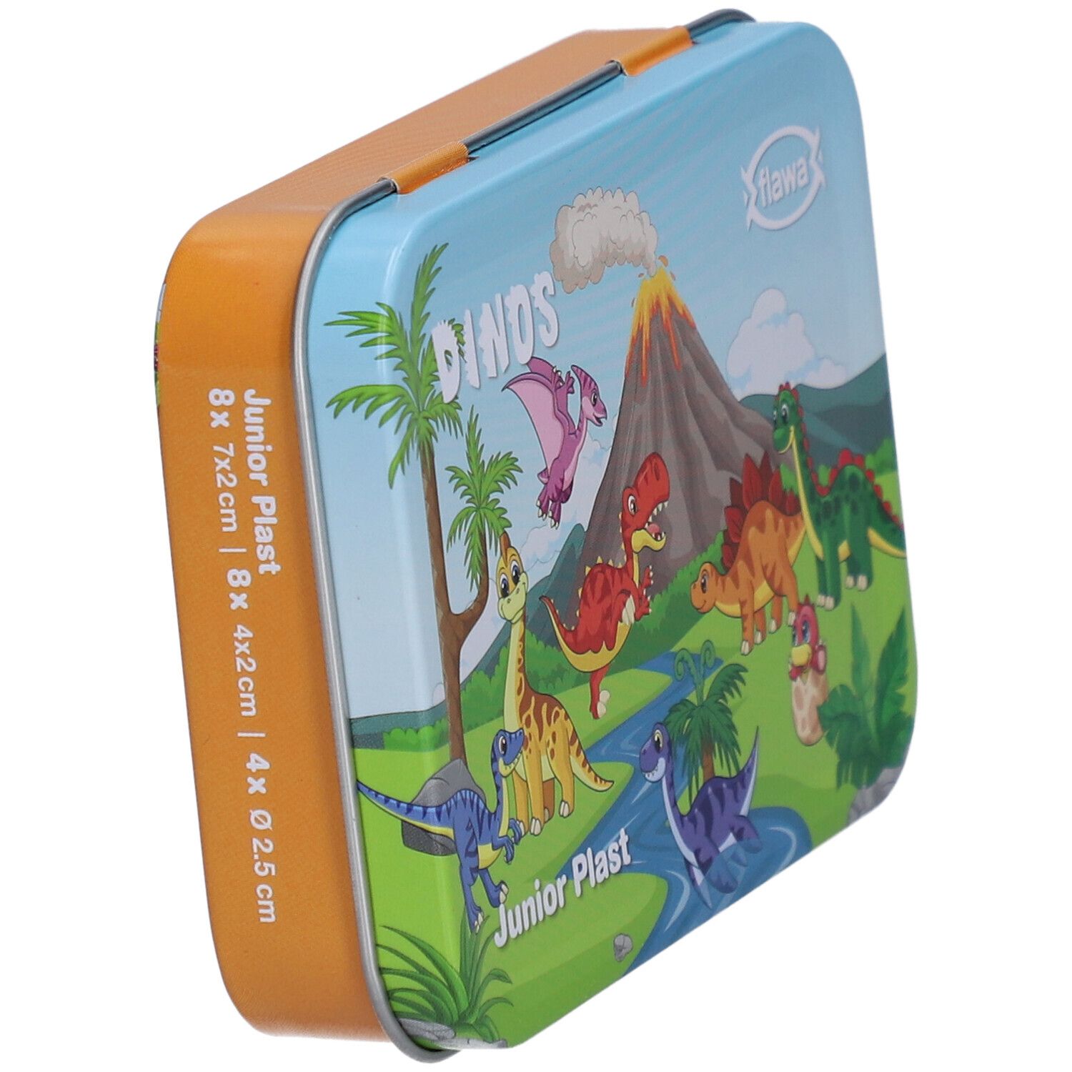 Boîte métallique avec motifs de dinosaures. Inscription : Junior Plast, flawa. Vue latérale, montrant l'épaisseur de la boîte.