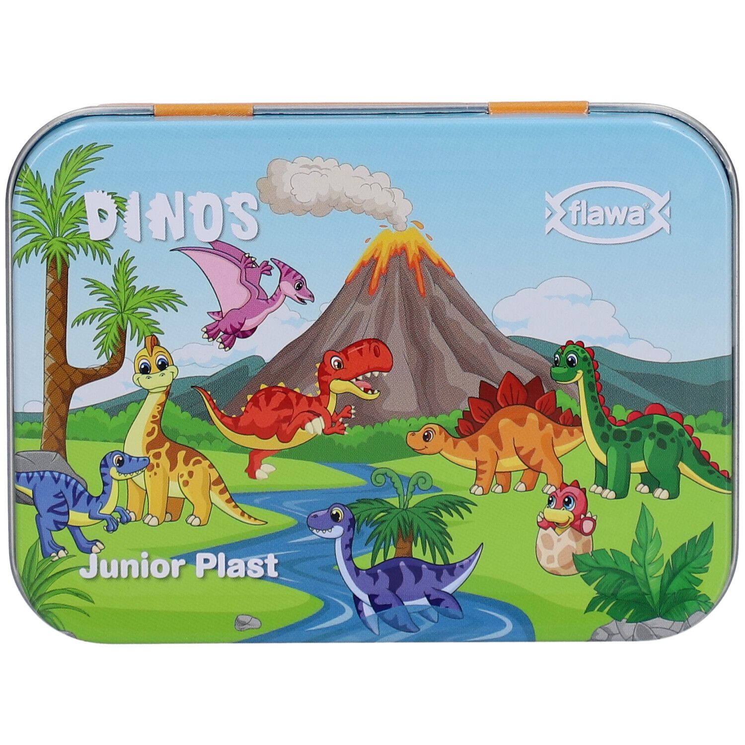 Boîte métallique avec motifs de dinosaures. Inscription : Junior Plast, flawa. Forme rectangulaire aux coins arrondis.