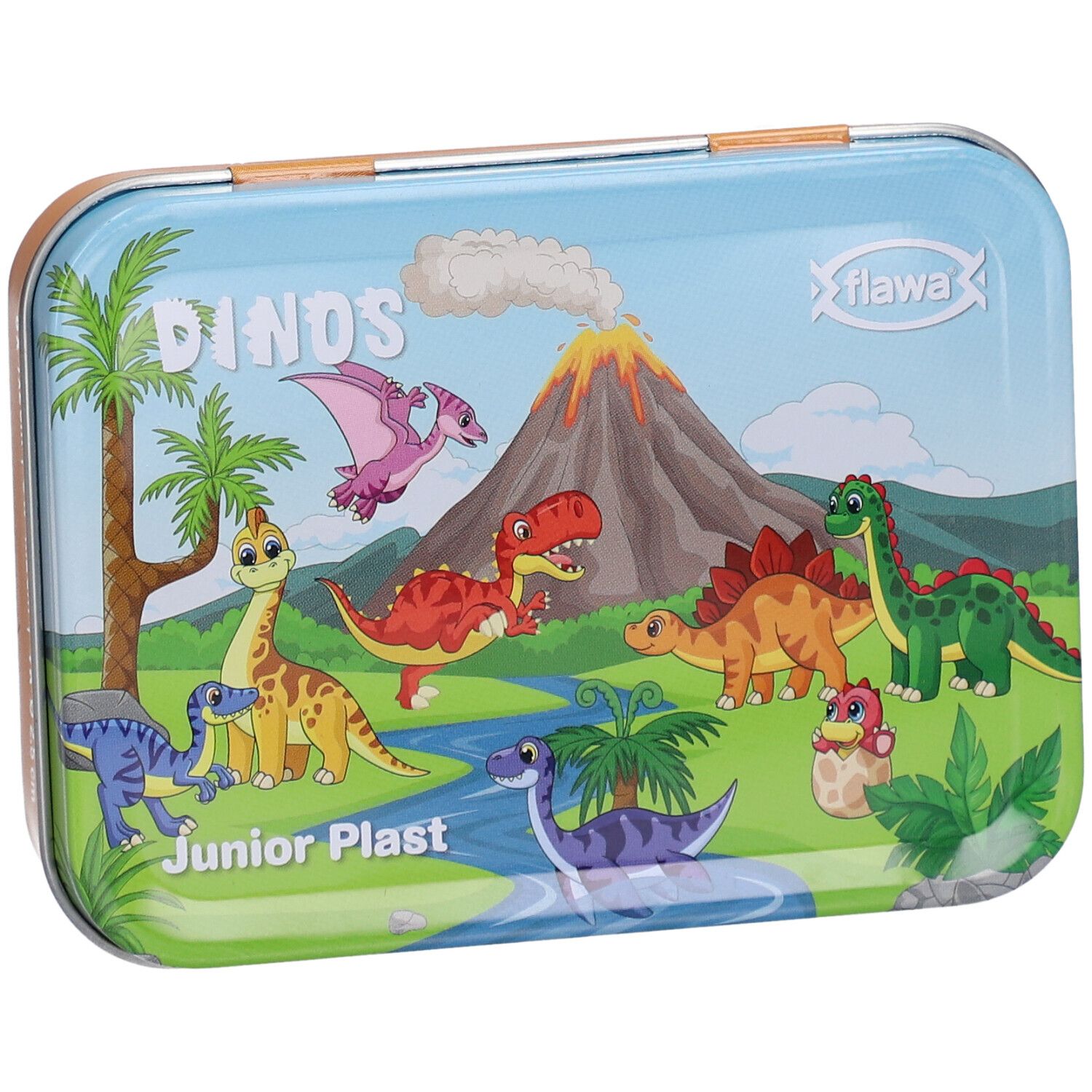 Boîte métallique avec motifs de dinosaures. Inscription : Junior Plast, flawa. Forme rectangulaire aux coins arrondis.