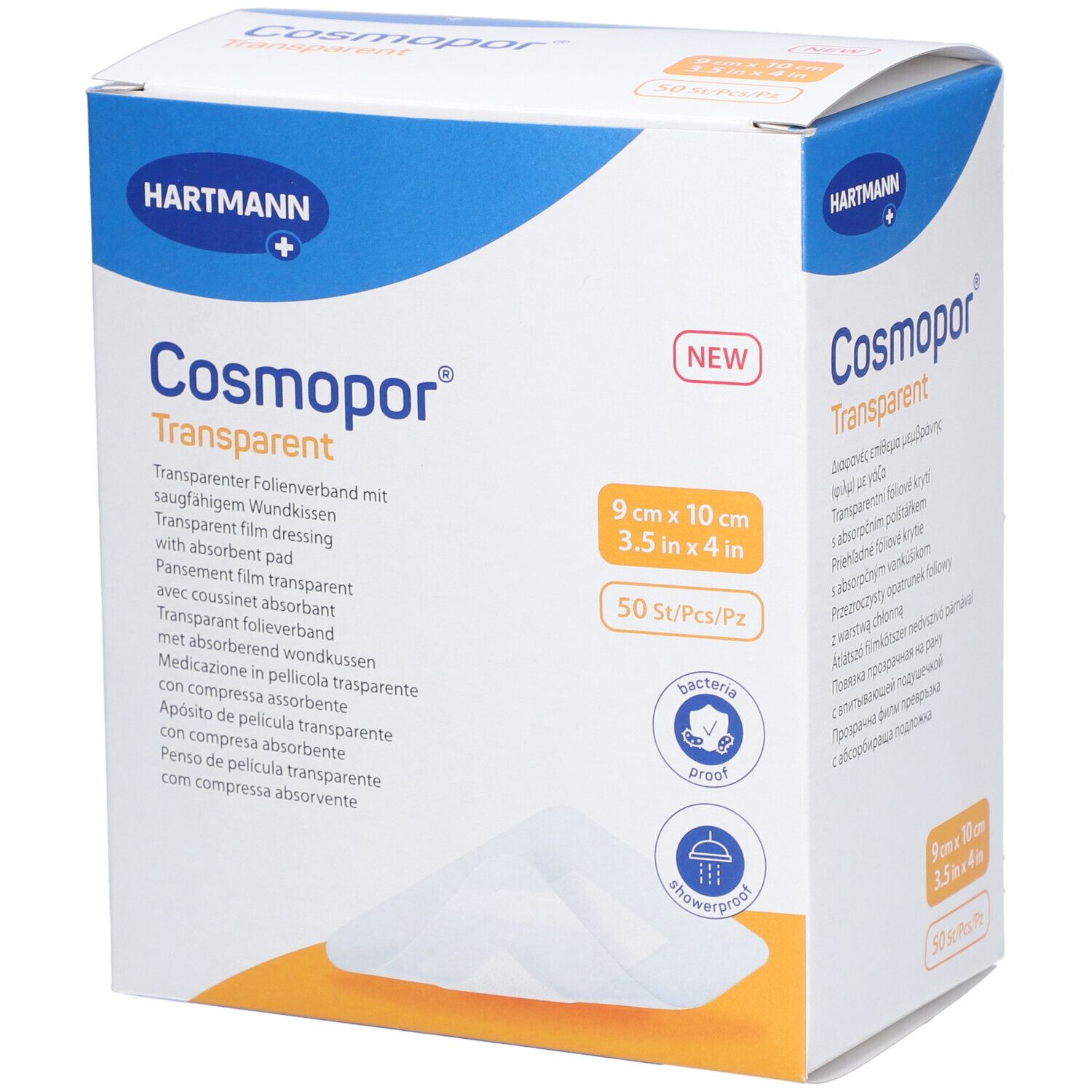 Verpackung von Cosmopor Transparent. Größe 9 x 10 cm. 50 Stück pro Packung. Antibakteriell und duschfest.