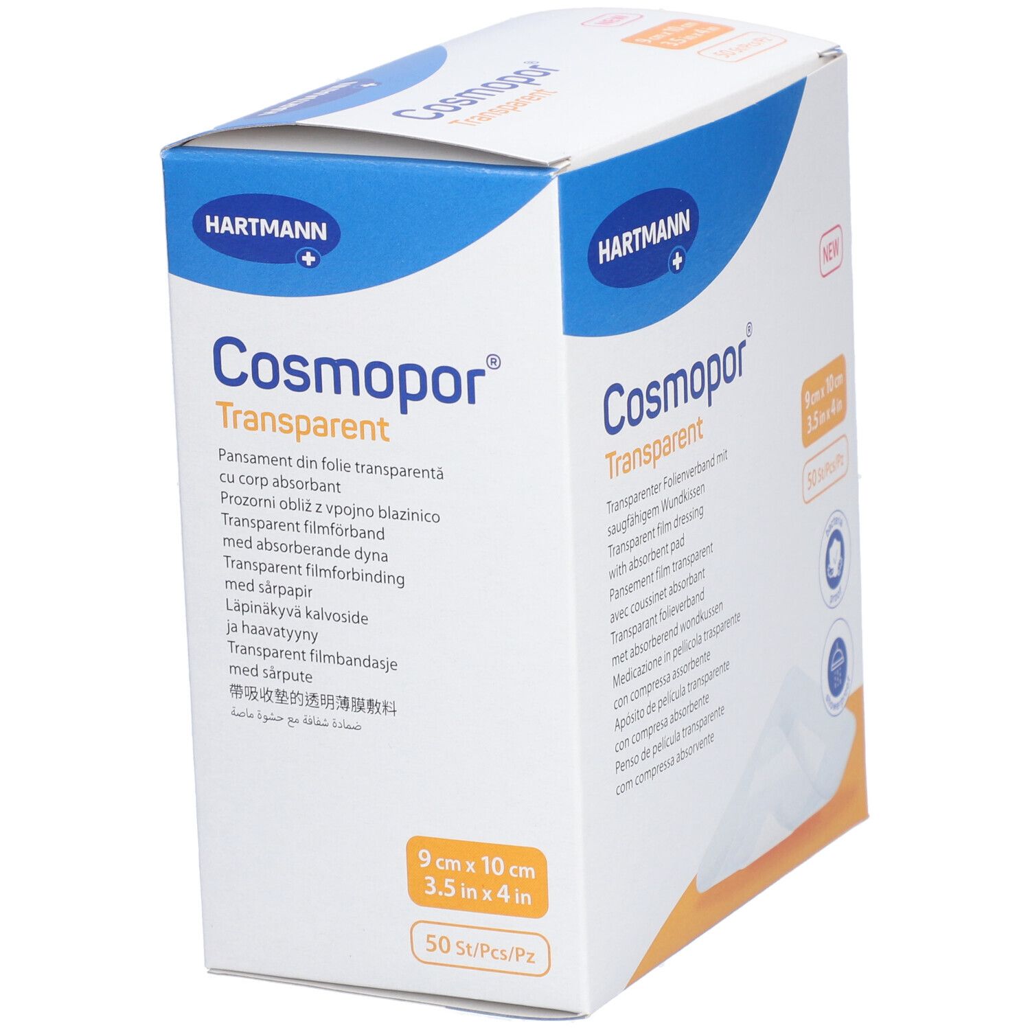 Verpackung von Cosmopor Transparent. Größe 9 x 10 cm. 50 Stück pro Packung.  Aufdrucke in verschiedenen Sprachen.