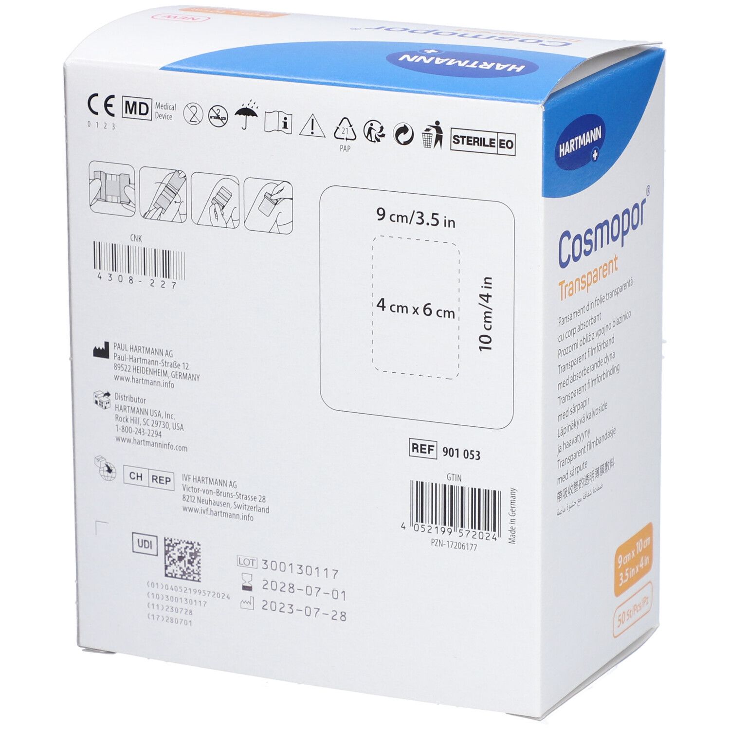 Rückseite der Verpackung von Cosmopor Transparent. Größenangaben: 9 cm x 10 cm. Steril.