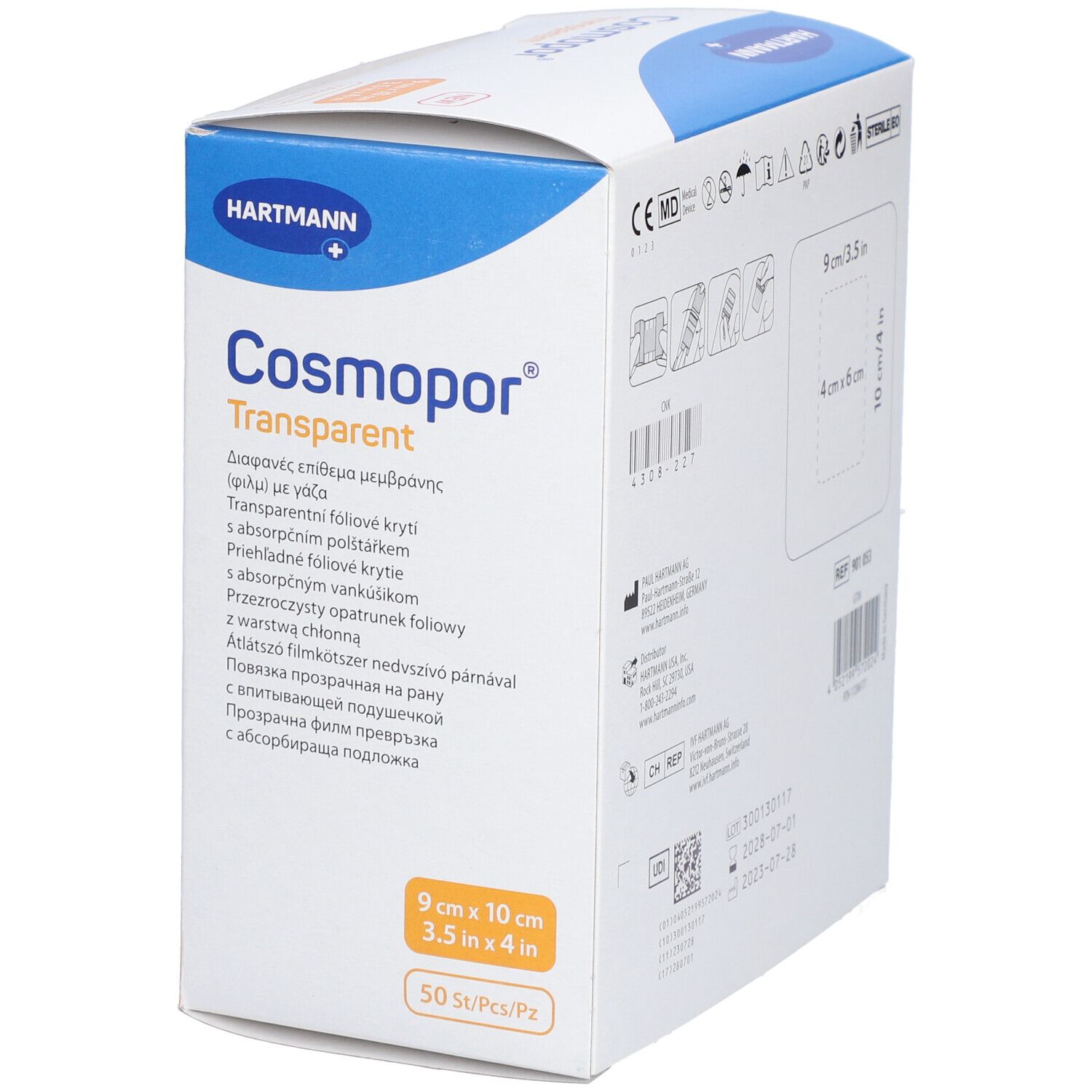 Verpackung von Cosmopor Transparent. Größe 9 x 10 cm. 50 Stück pro Packung.  Aufdrucke in verschiedenen Sprachen.