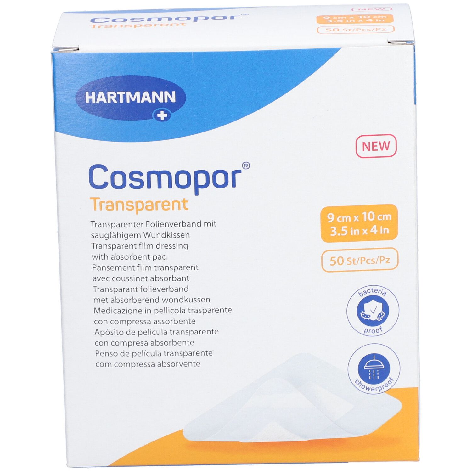 Verpackung von Cosmopor Transparent. Größe 9 x 10 cm. 50 Stück pro Packung. Antibakteriell und duschfest.
