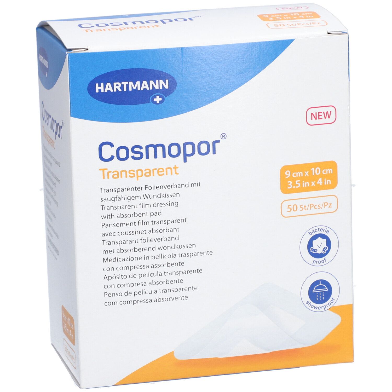 Verpackung von Cosmopor Transparent. Größe 9 x 10 cm. 50 Stück pro Packung. Antibakteriell und duschfest.