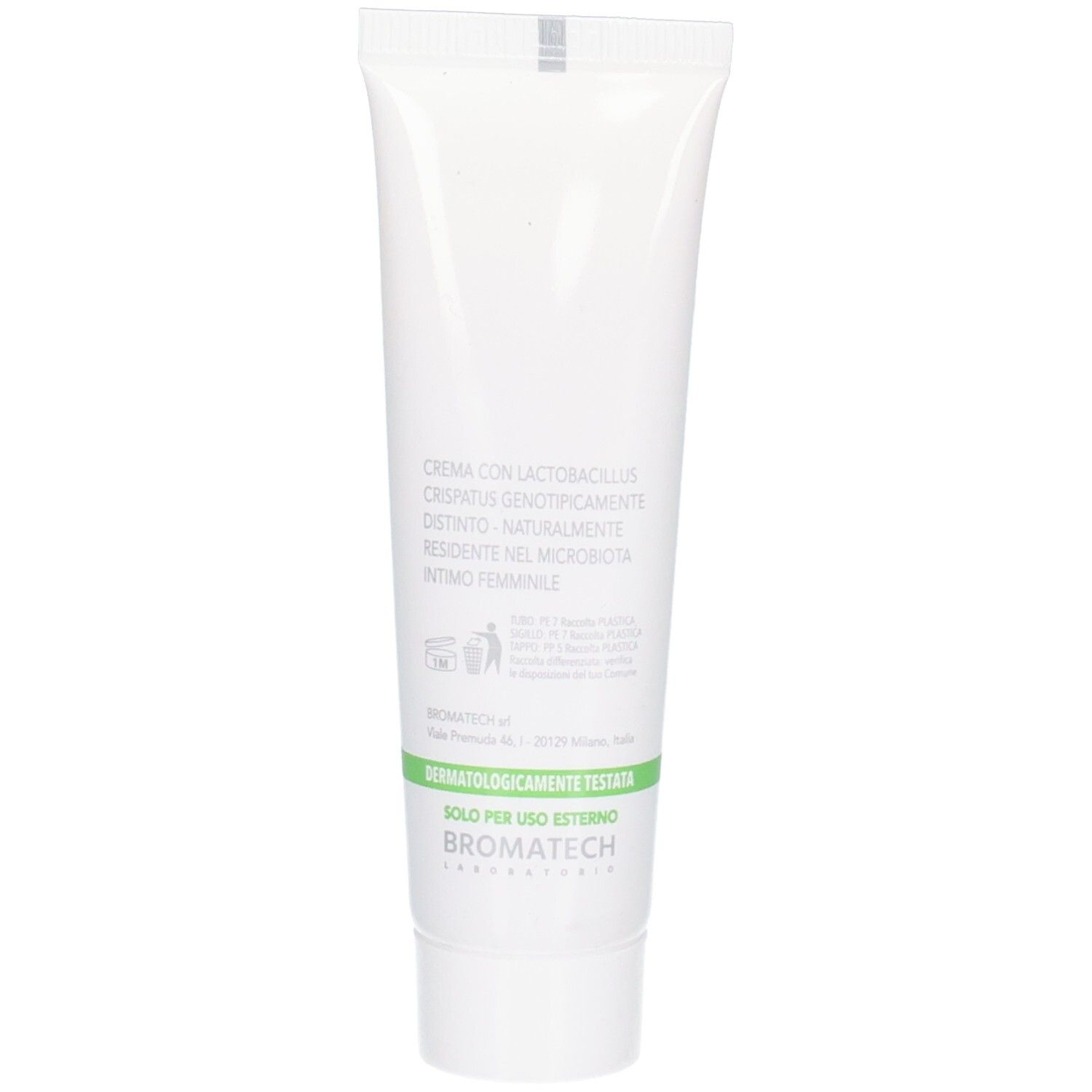 Rückseite einer weißen Tube. Text: Creme mit Lactobacillus crispatus. Dermatologisch getestet. Nur zur äußeren Anwendung.