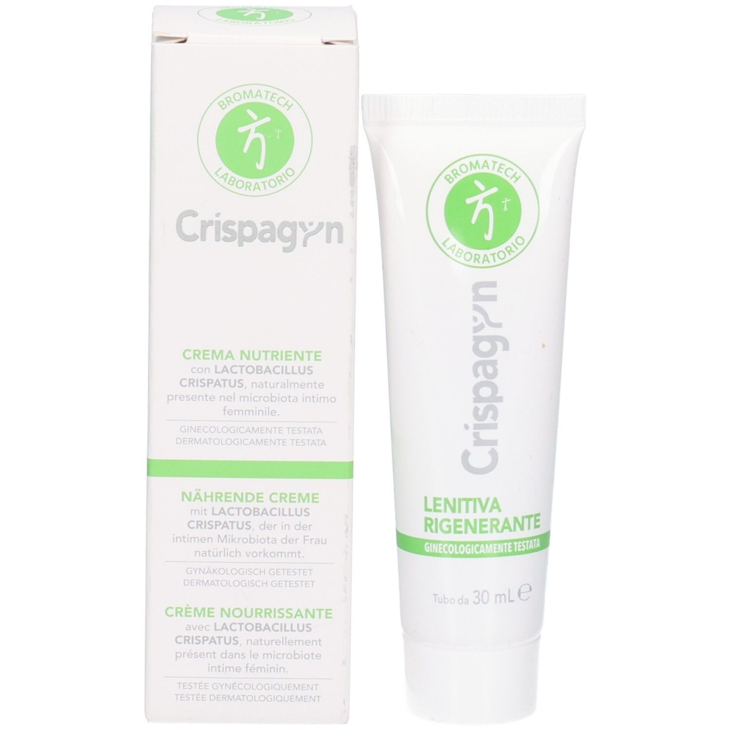 Produktverpackung mit Tube und Karton. Enthält CRISPAGYN. Marke: BROMATECH. Creme mit Lactobacillus crispatus. 30 ml.