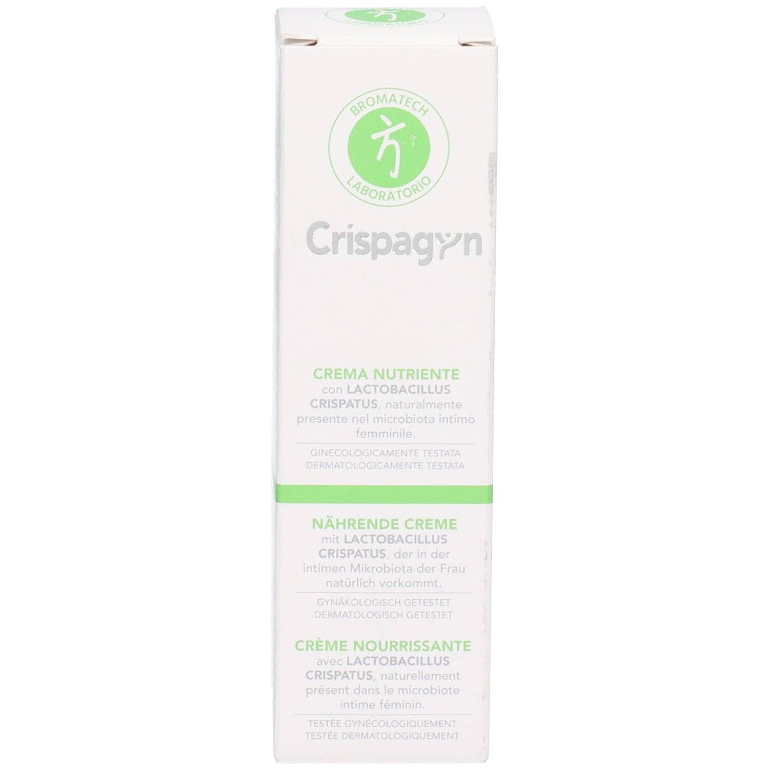 Produktverpackung, Karton. Enthält CRISPAGYN. Marke: BROMATECH. Creme mit Lactobacillus crispatus. Dermatologisch getestet.