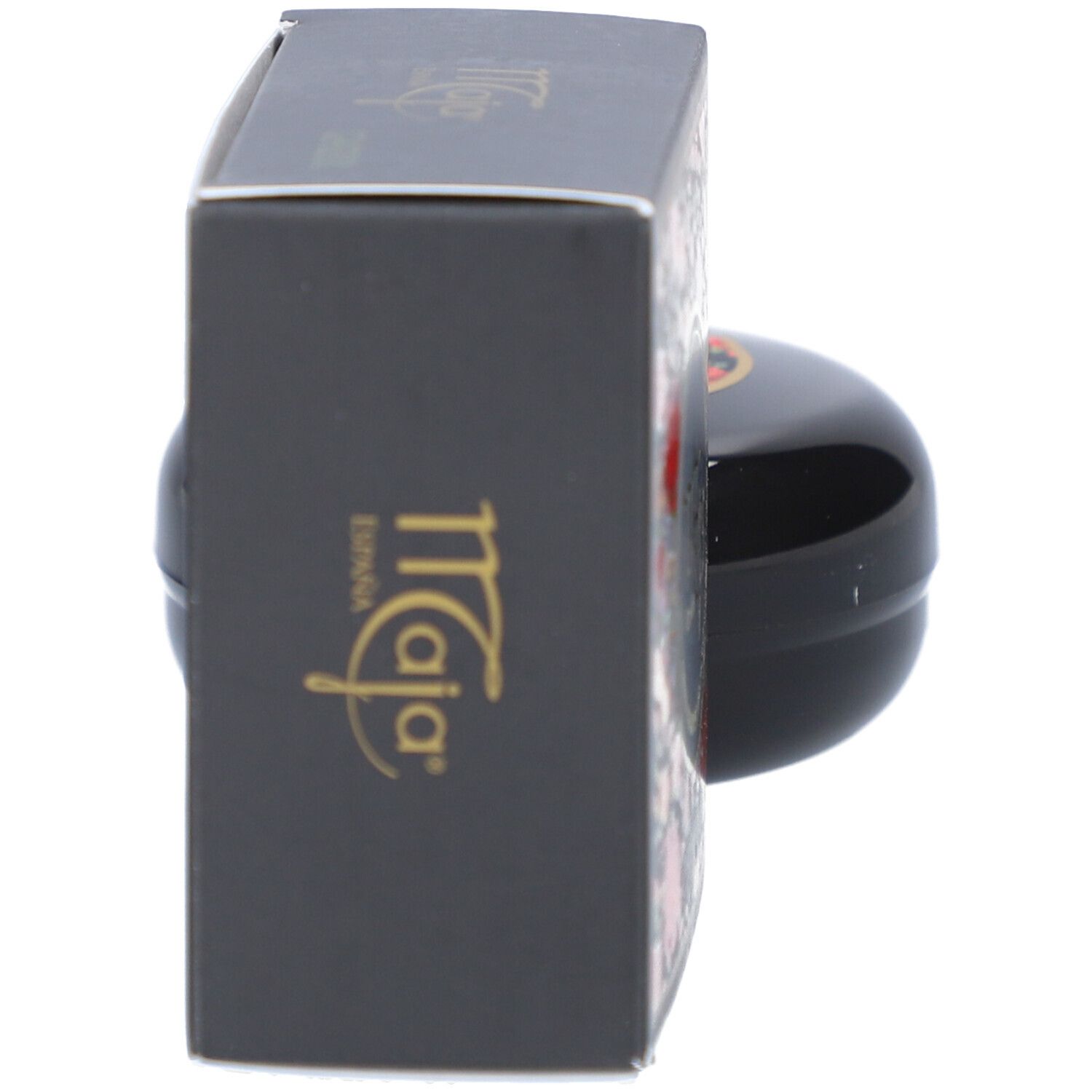 Schwarzer Tiegel mit goldfarbenem Logo und Schriftzug 'Maia España'.