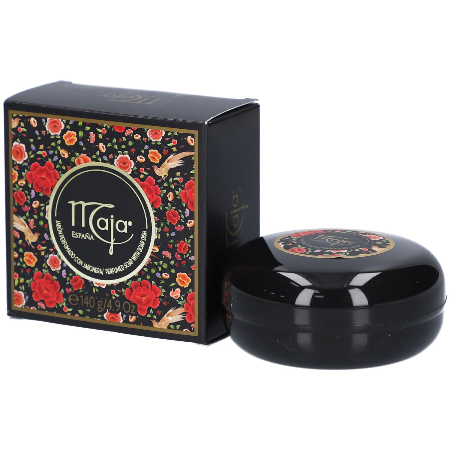 Schwarze Seifendose mit Blumenmuster-Verpackung. Enthält 140g Seife.