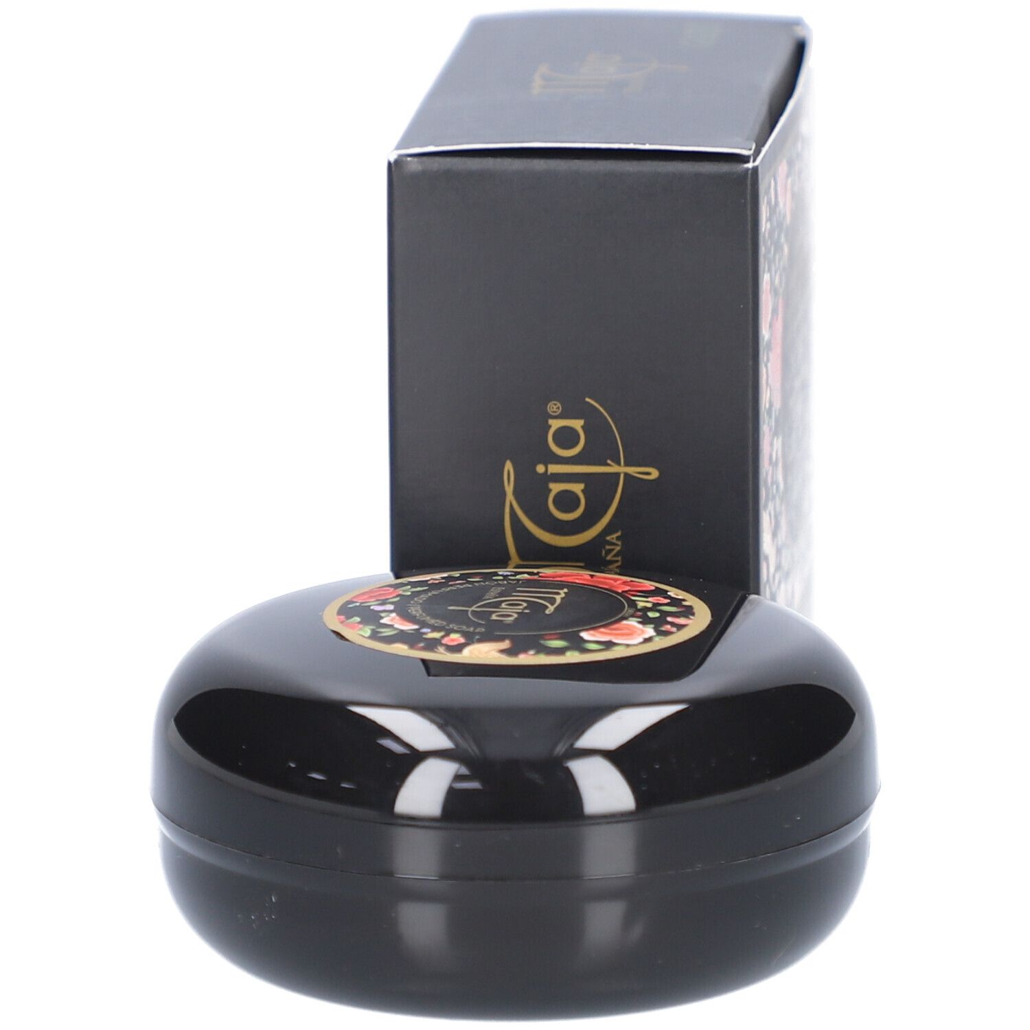 Schwarzer Tiegel mit Deckel und floralem Aufkleber. Schwarze Verpackungsbox mit Logo und Blumenmuster.