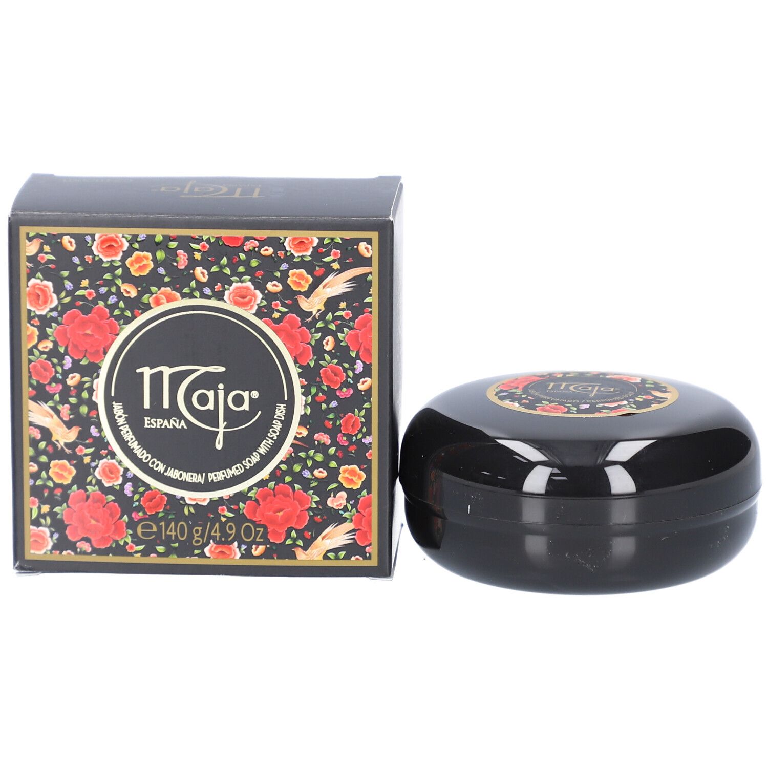Schwarze Seifendose mit Blumenmuster-Verpackung. Enthält 140g Seife.