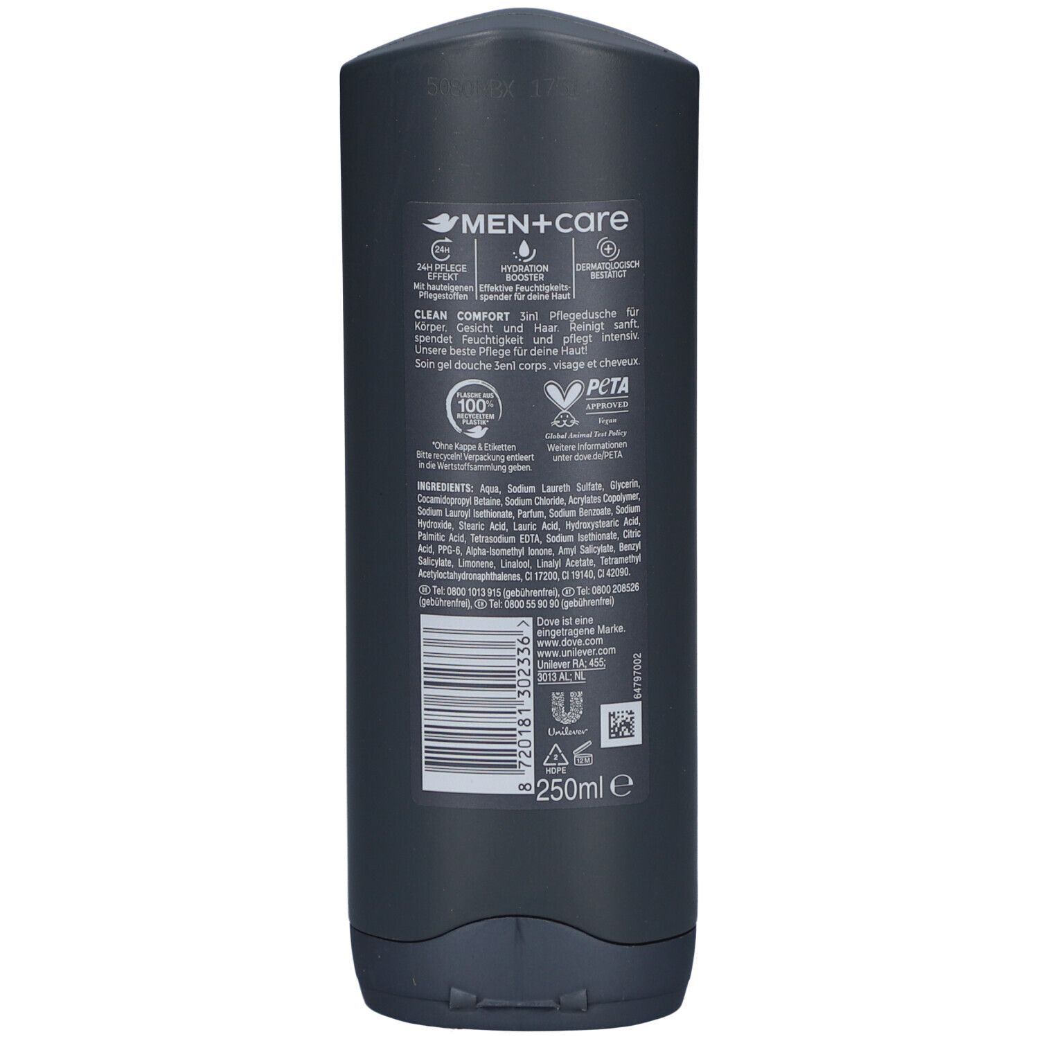 Rückseite der dunkelgrauen Flasche. Dove Men+Care Clean Comfort. Text und Inhaltsstoffe. Vegan-Logo.