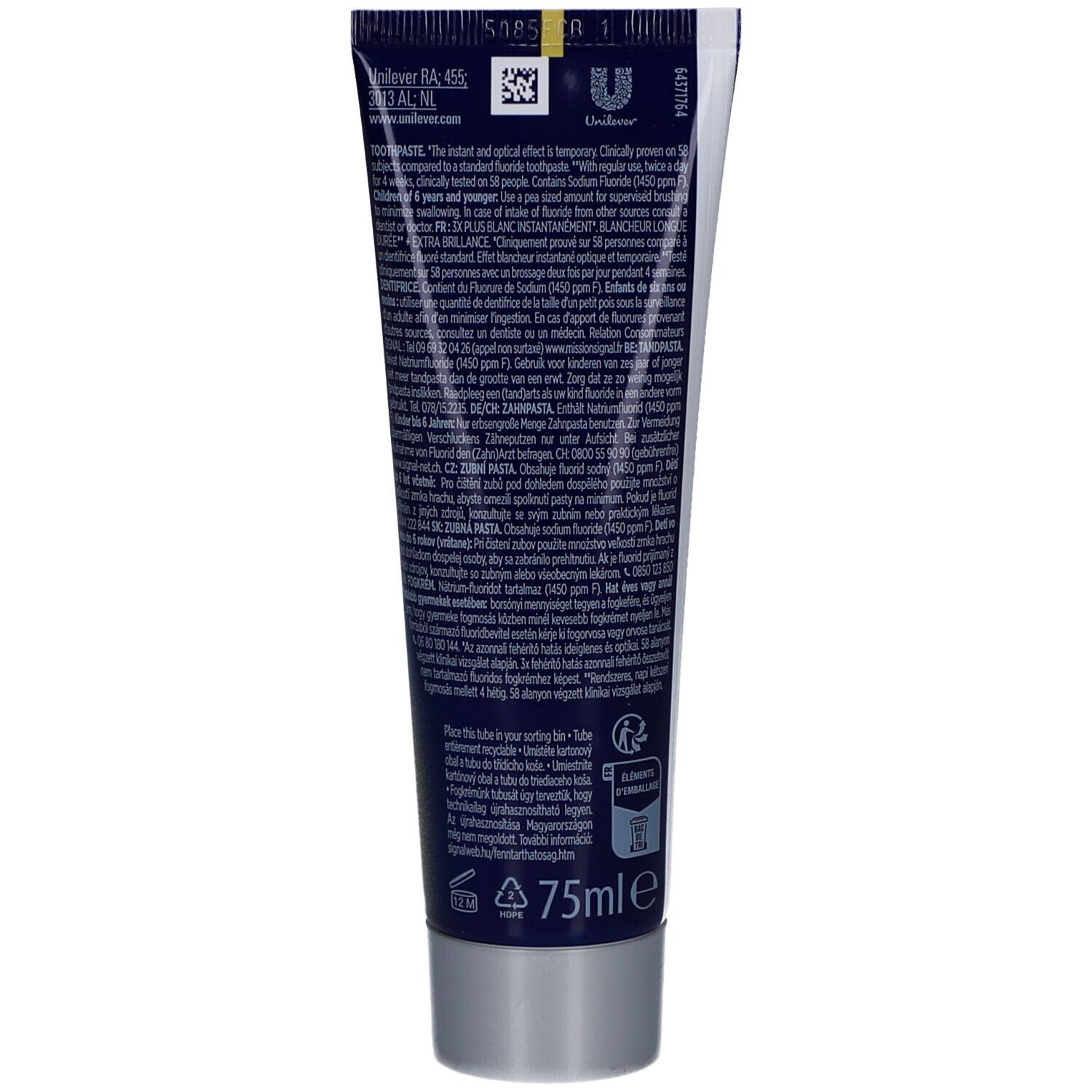 Rückseite der Zahncreme-Tube. Enthält Text in mehreren Sprachen. Enthält Informationen zu Inhaltsstoffen und Hersteller.
