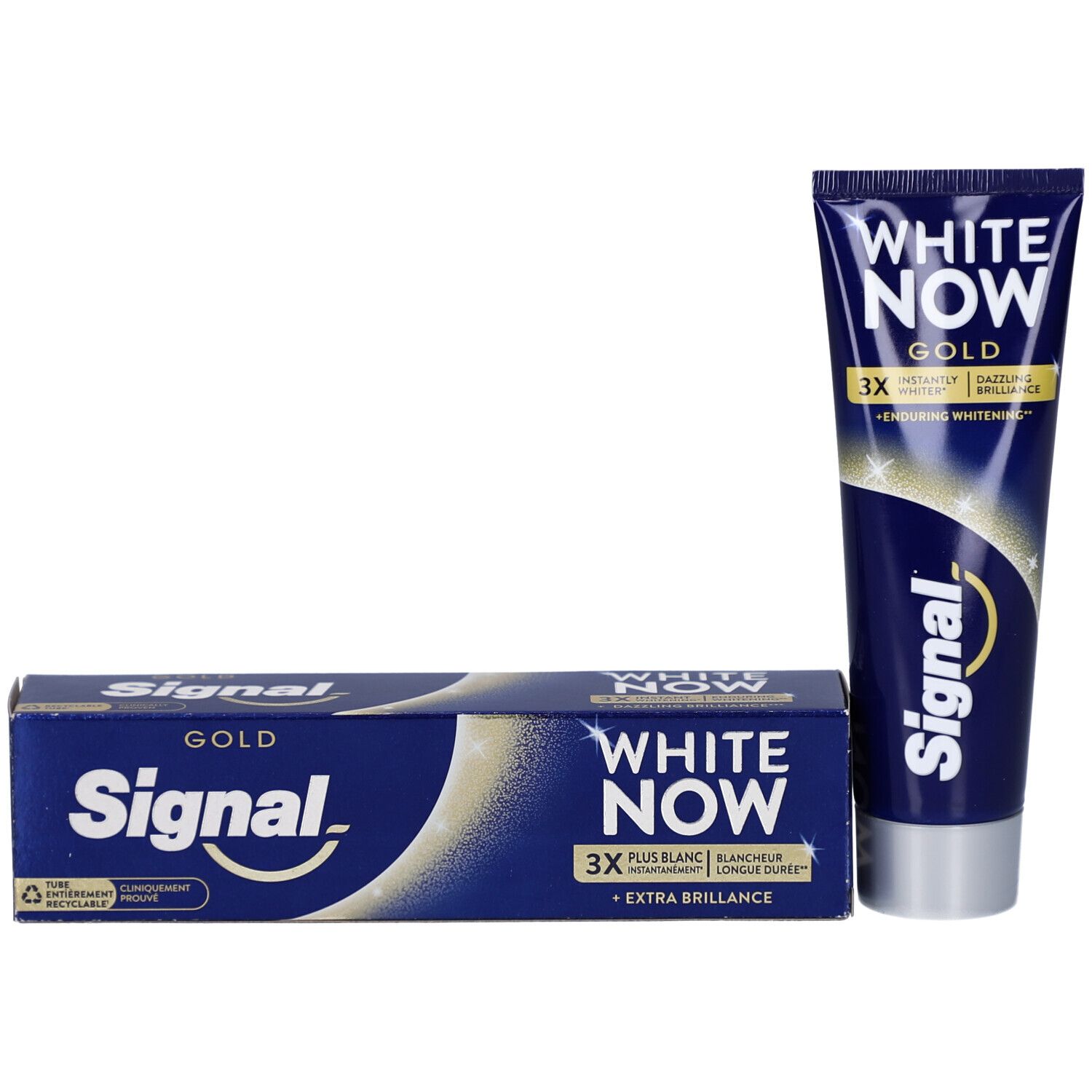 Zahncreme-Tube und Schachtel. Beide blau mit weißem Schriftzug. Enthält Signal White Now Gold. 3x weißer, extra Glanz.