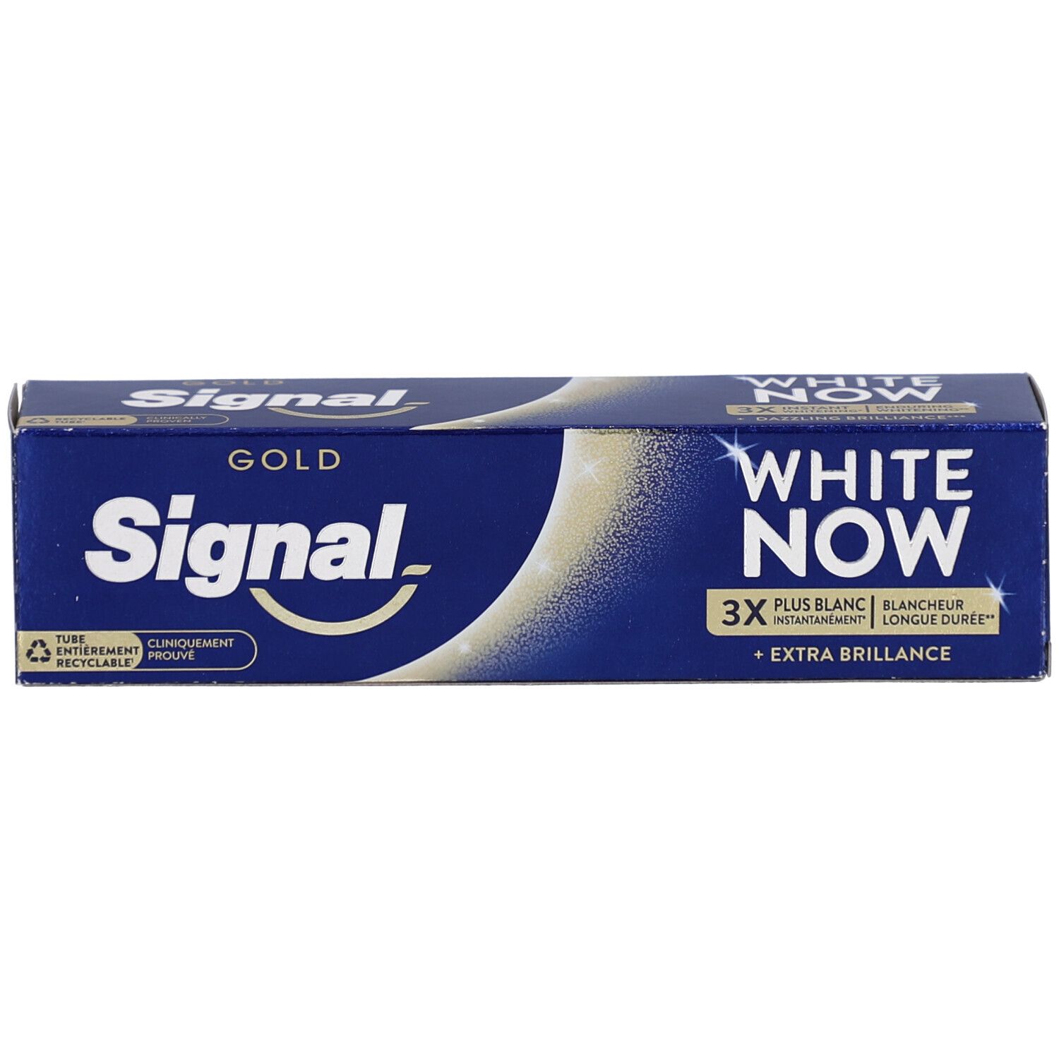 Blaue Schachtel mit weißem Schriftzug. Enthält Signal White Now Gold. 3x weißer, extra Glanz. Recycelbar.