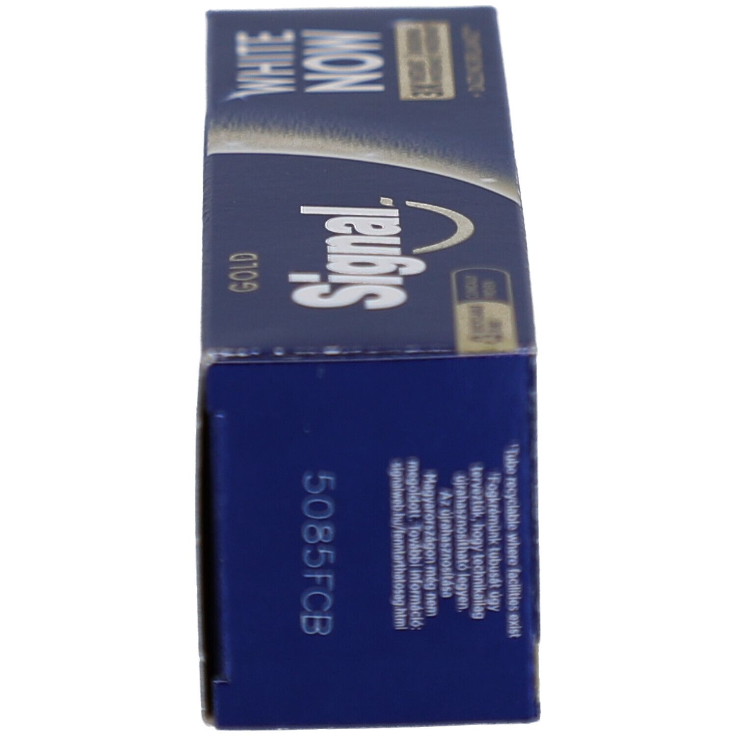 Seitenansicht der blauen Schachtel. Enthält Signal White Now Gold. Text und Informationen auf der Seite.