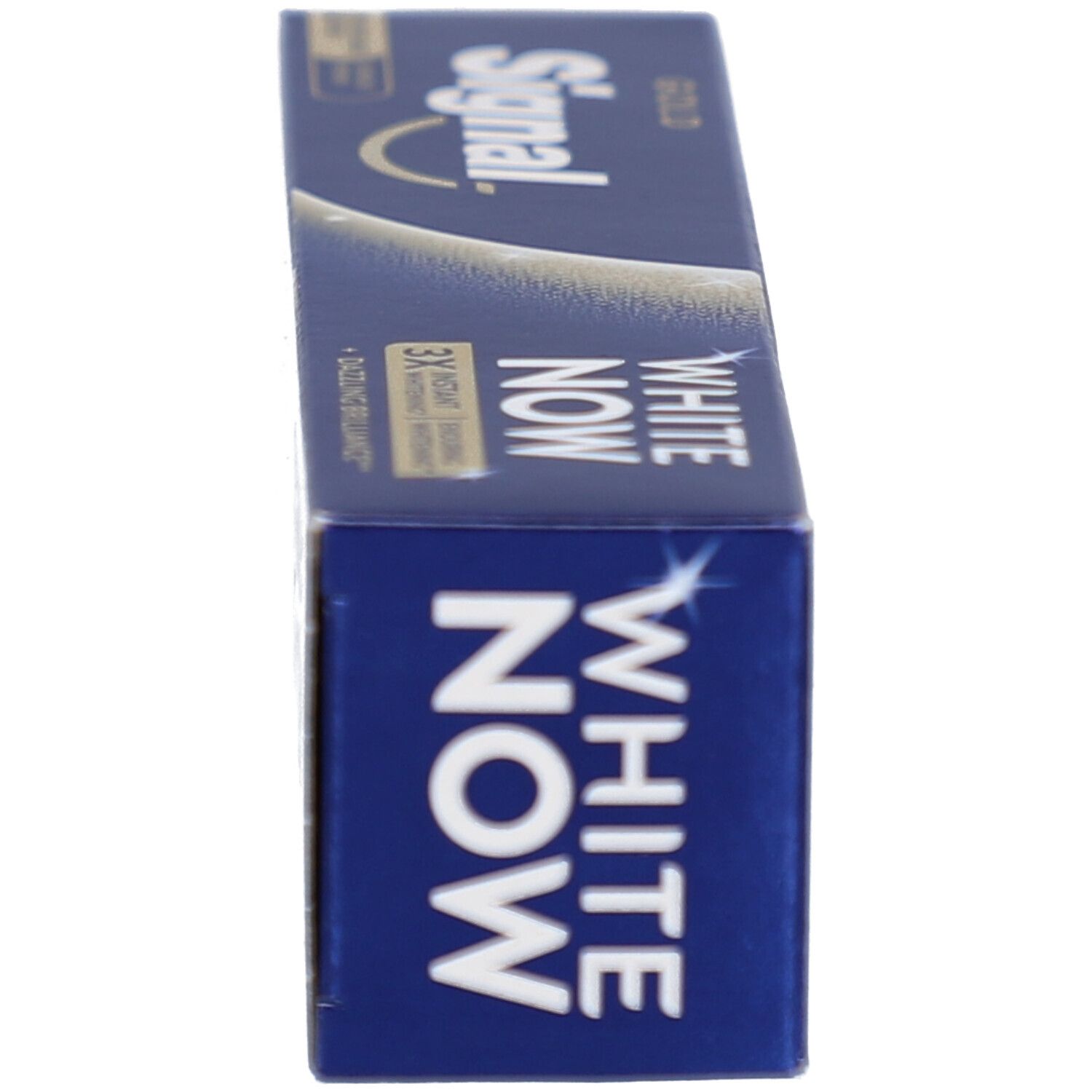 Seitenansicht der blauen Schachtel. Enthält Signal White Now Gold. Text und Informationen auf der Seite.
