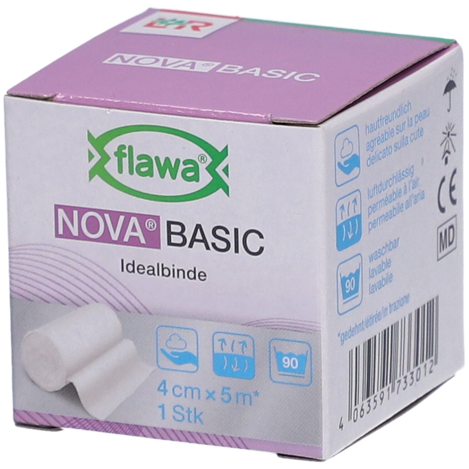 Verpackung von FLAWA Nova Basic Idealbinde. Box mit Produktname, Logo und Produktmerkmalen. 4 cm x 5 m, 1 Stück.