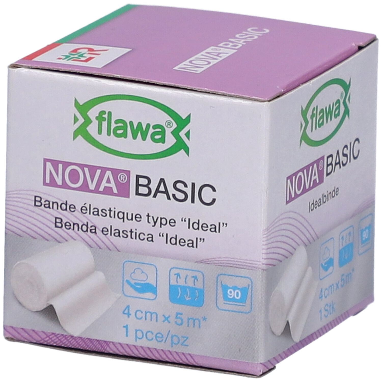 Box FLAWA Nova Basic Idealbinde. Produktname, Logo und Produktmerkmale. 4 cm x 5 m, 1 Stück. Verpackung mit Bandagen.