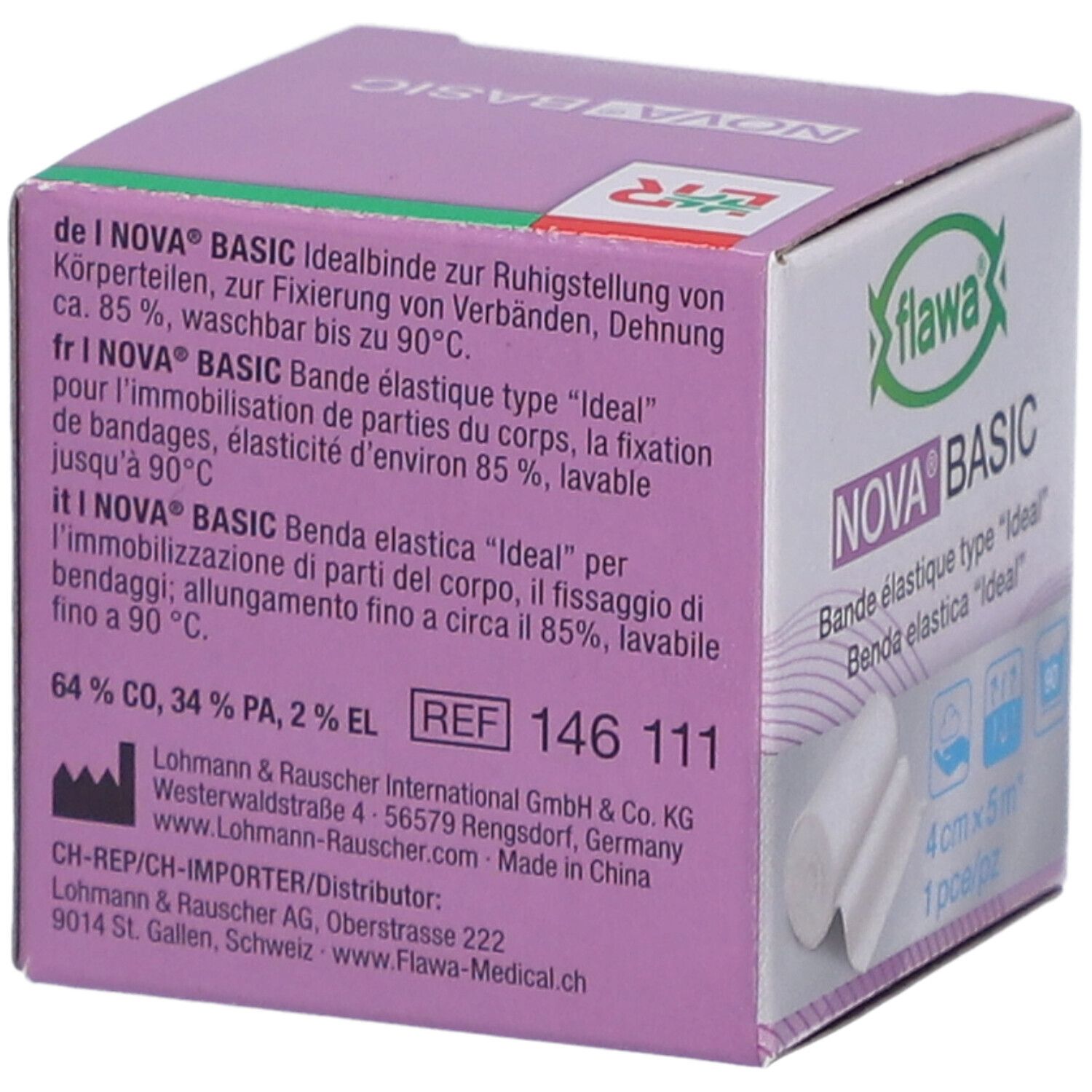 Rückseite der Verpackung von FLAWA Nova Basic. Text in Deutsch, Französisch und Italienisch. Angaben zu Inhaltsstoffen und Hersteller.