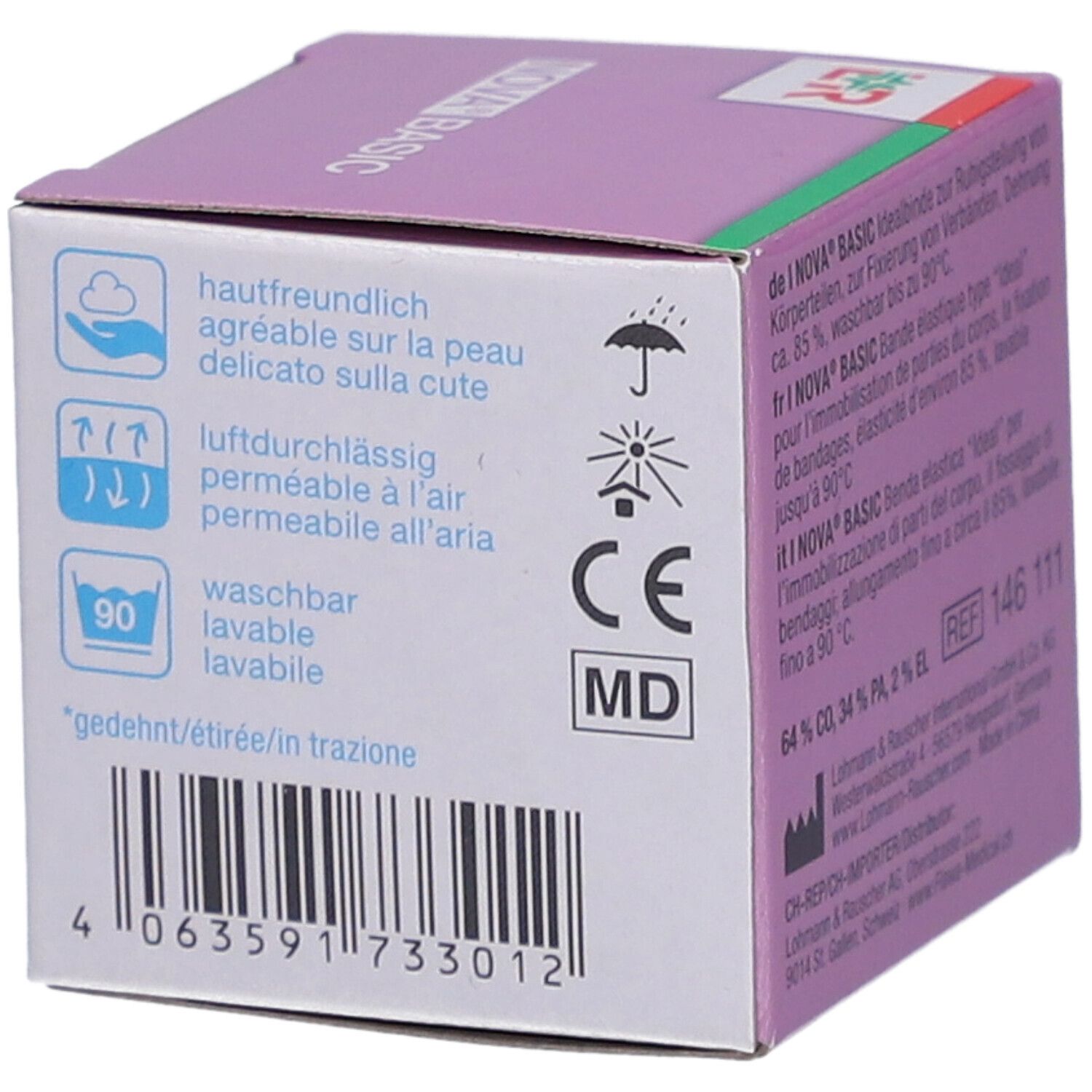 Verpackung von FLAWA Nova Basic. Box mit Produktname, Logo und Produktmerkmalen. CE-Kennzeichnung und Waschbarkeit.