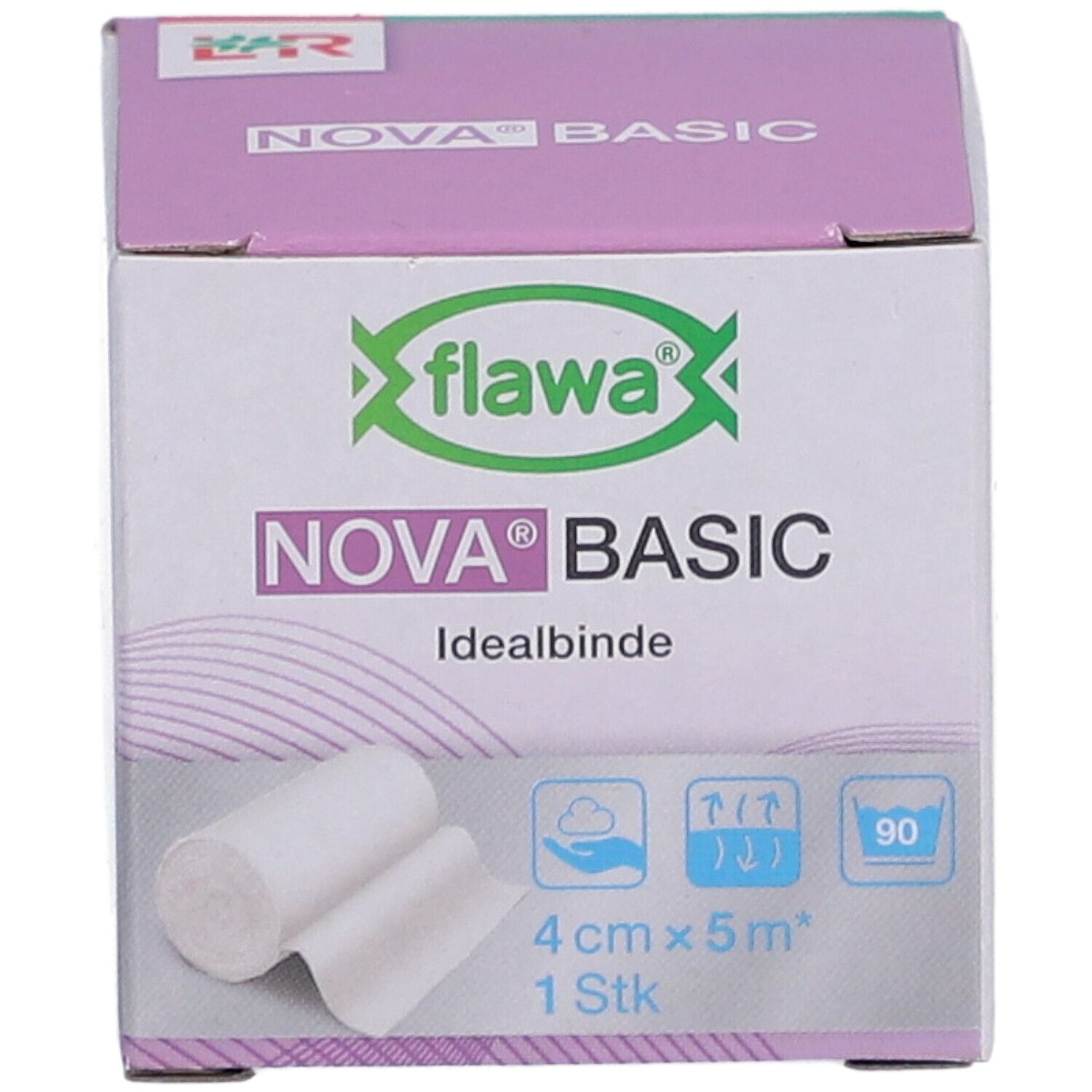 Box FLAWA Nova Basic Idealbinde. Produktname, Logo und Produktmerkmale. 4 cm x 5 m, 1 Stück. Verpackung mit Bandagen.