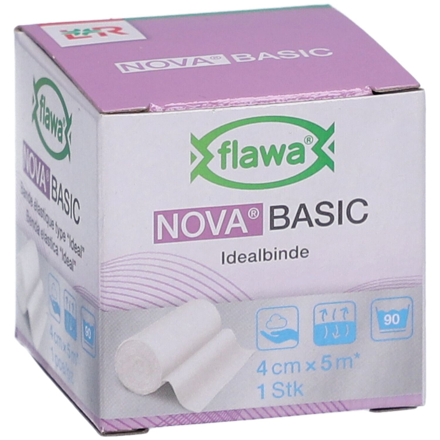 Box FLAWA Nova Basic Idealbinde. Produktname, Logo und Produktmerkmale. 4 cm x 5 m, 1 Stück. Verpackung mit Bandagen.