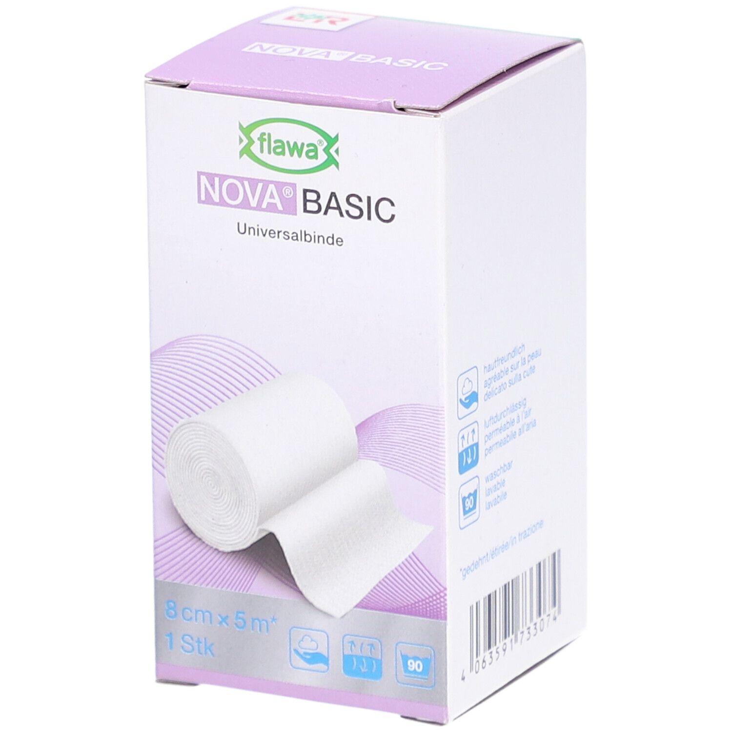 Verpackung mit FLAWA Nova Basic Universalbinde. 8 cm x 5 m. Weiße Rolle auf der Verpackung abgebildet.