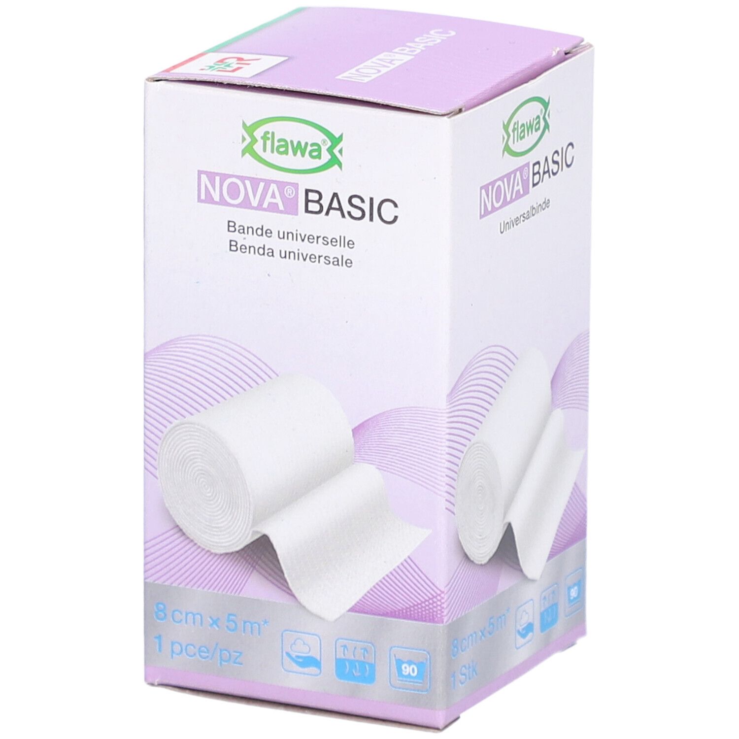 Verpackung FLAWA Nova Basic, Universalbinde. 8 cm x 5 m. Mehrere Sprachen auf der Verpackung.