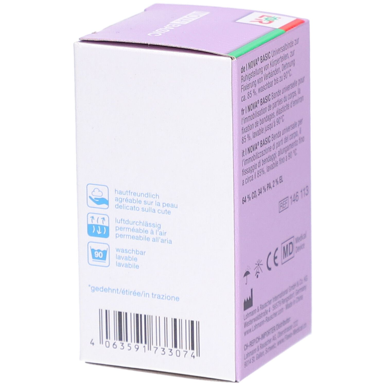 Rückseite der Verpackung FLAWA Nova Basic. Piktogramme und Barcode. Waschbarkeit bis 90°C.