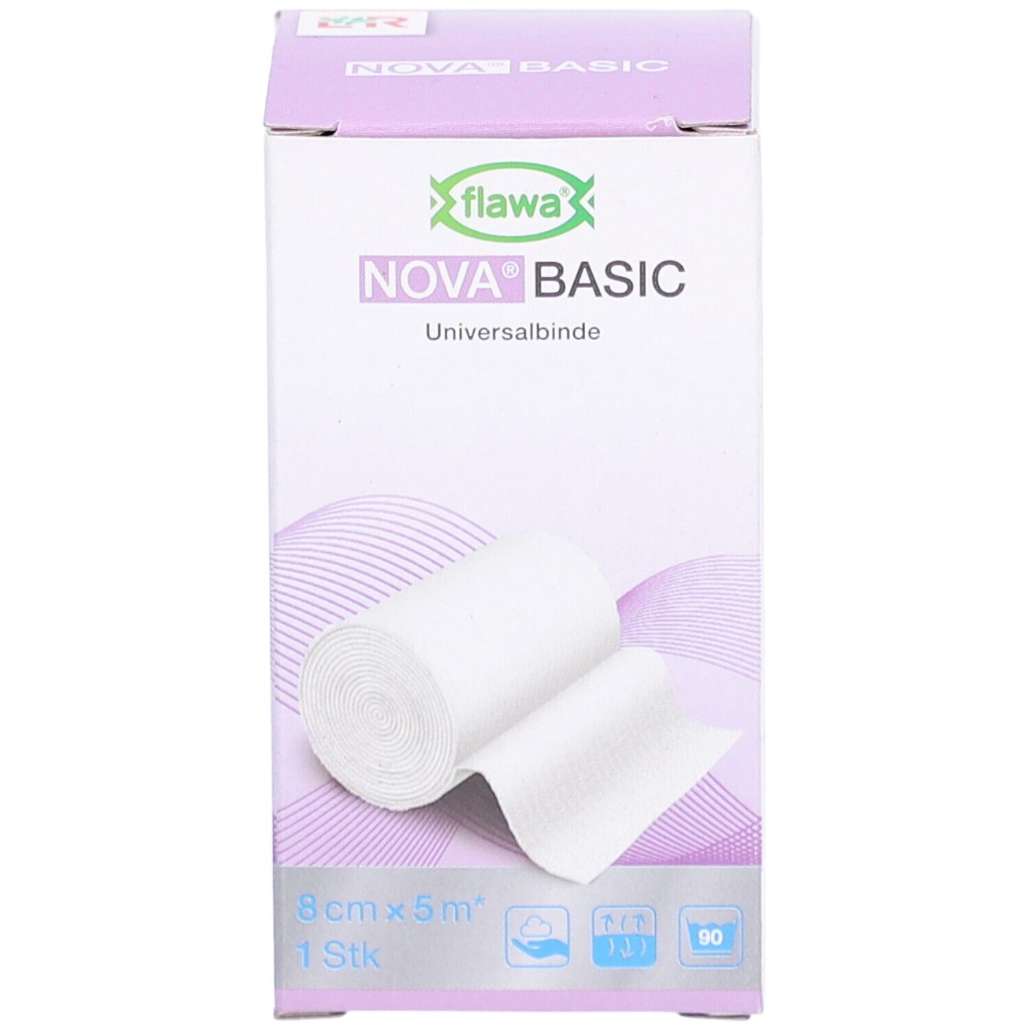 Verpackung FLAWA Nova Basic, Universalbinde. Weiße Rolle. 8 cm x 5 m. 1 Stück.