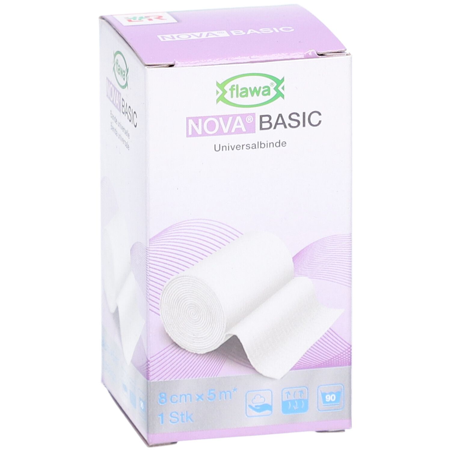 Verpackung FLAWA Nova Basic, Universalbinde. Weiße Rolle. 8 cm x 5 m. 1 Stück.