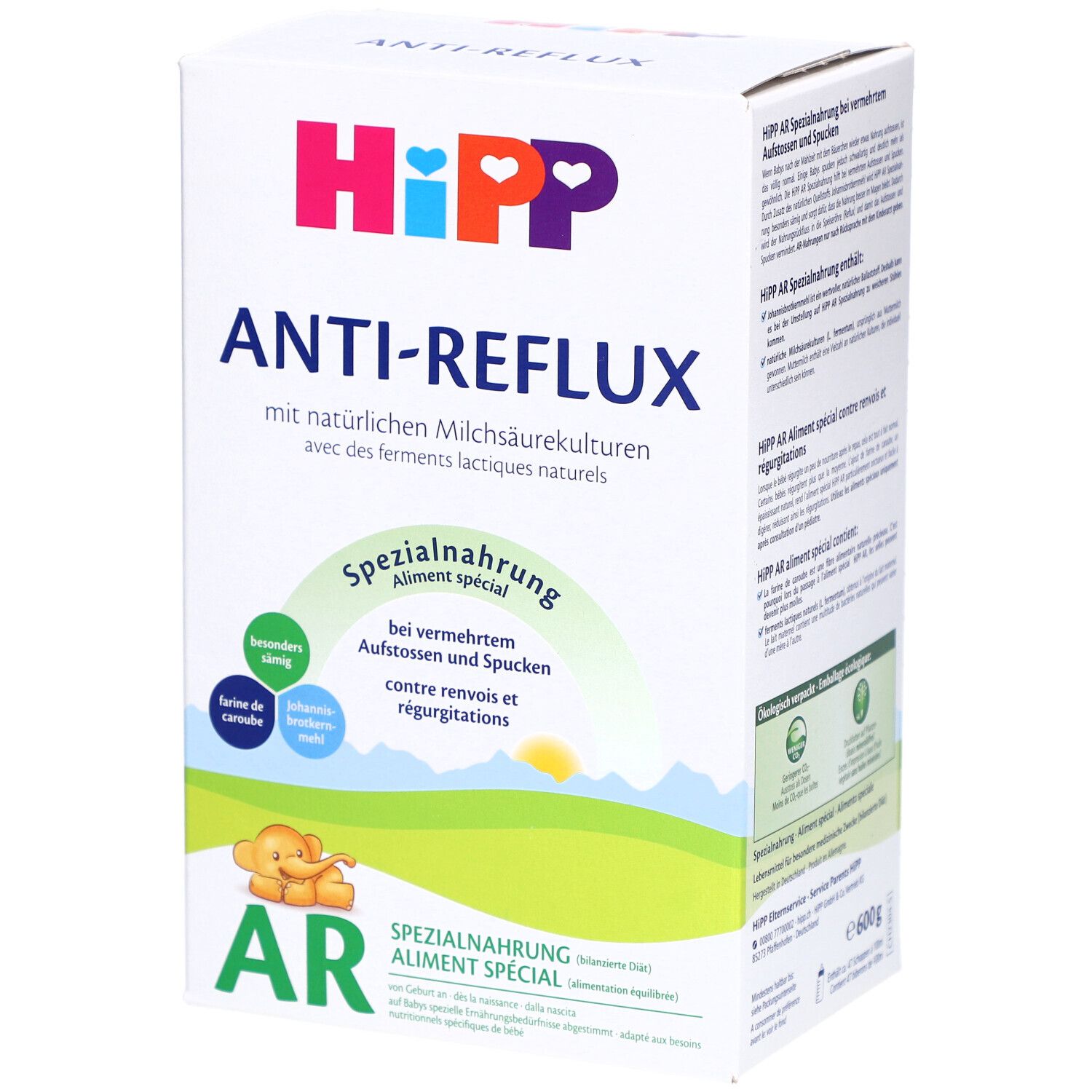 Boîte blanche avec logo HiPP et inscription ANTI-REFLUX. Aliment spécial pour bébés. Contient des informations sur les ingrédients et l'utilisation.